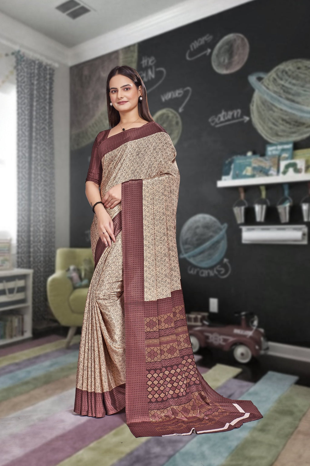 Beige Crepe Workplace Uniform Saree - FeministaCrepe