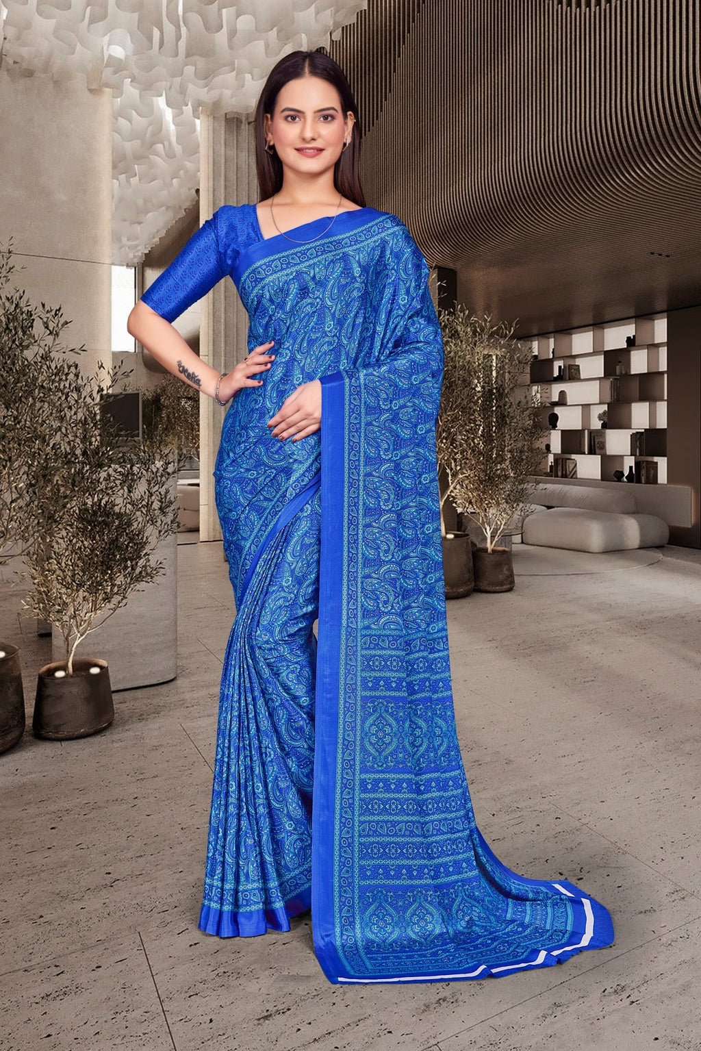 Blue Crepe Teacher Edition Uniform Saree - FeministaCrepe