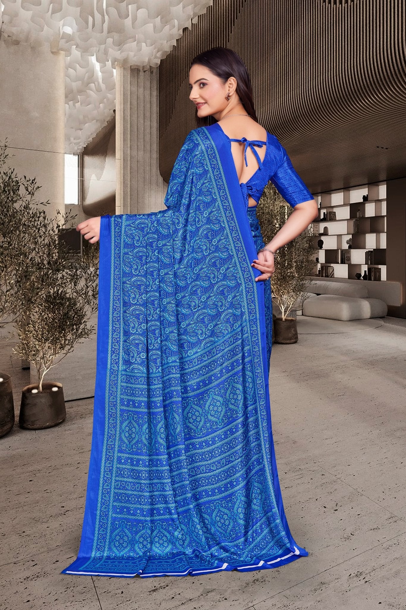 Blue Crepe Teacher Edition Uniform Saree - FeministaCrepe