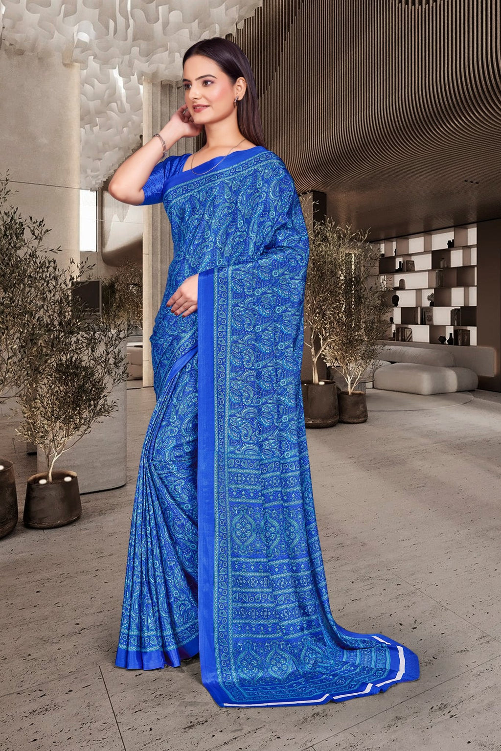 Blue Crepe Teacher Edition Uniform Saree - FeministaCrepe