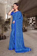 Blue Crepe Teacher Edition Uniform Saree - FeministaCrepe