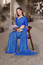Blue Crepe Teacher Edition Uniform Saree - FeministaCrepe
