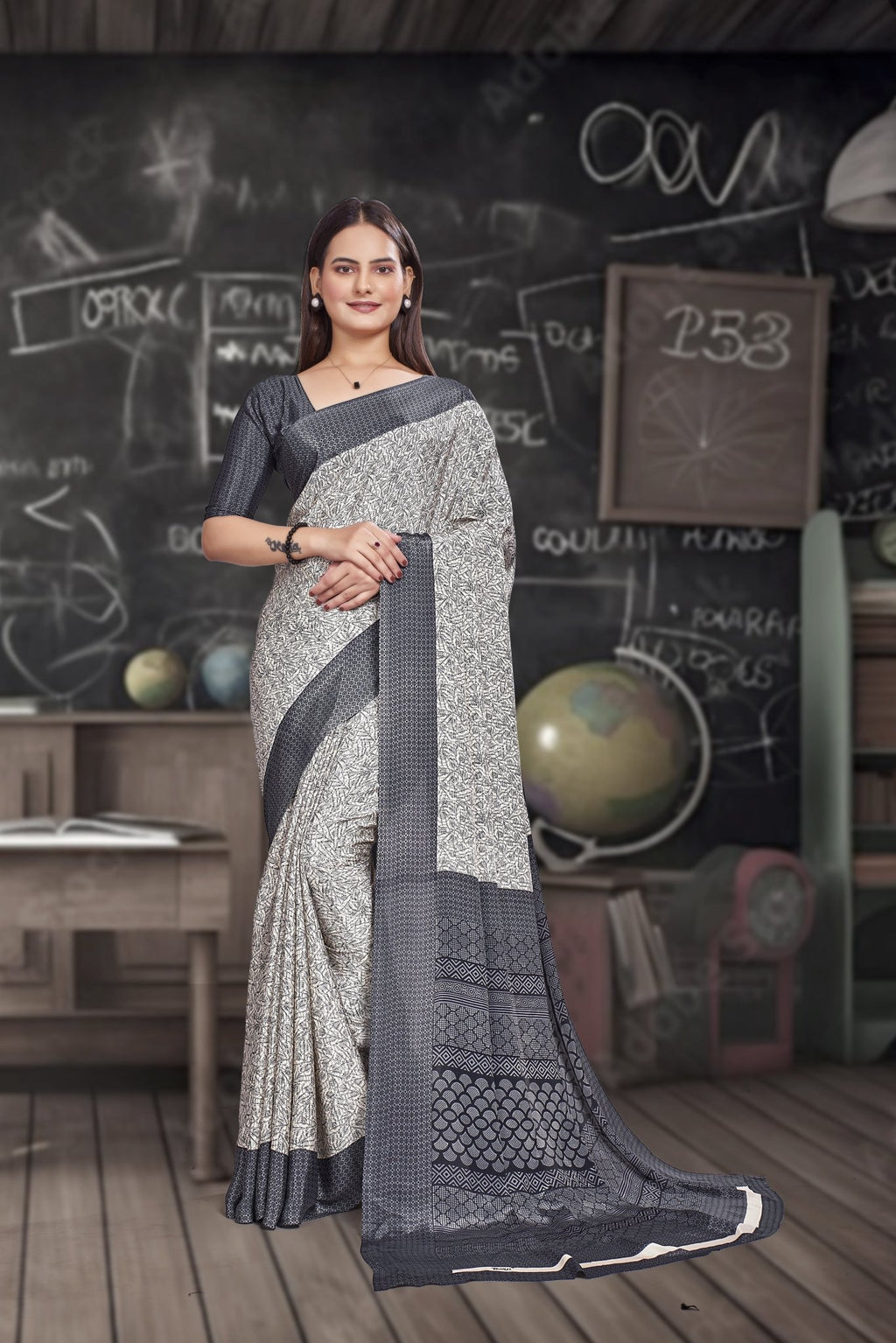 Grey Crepe School Uniform Saree for Teachers - FeministaCrepe