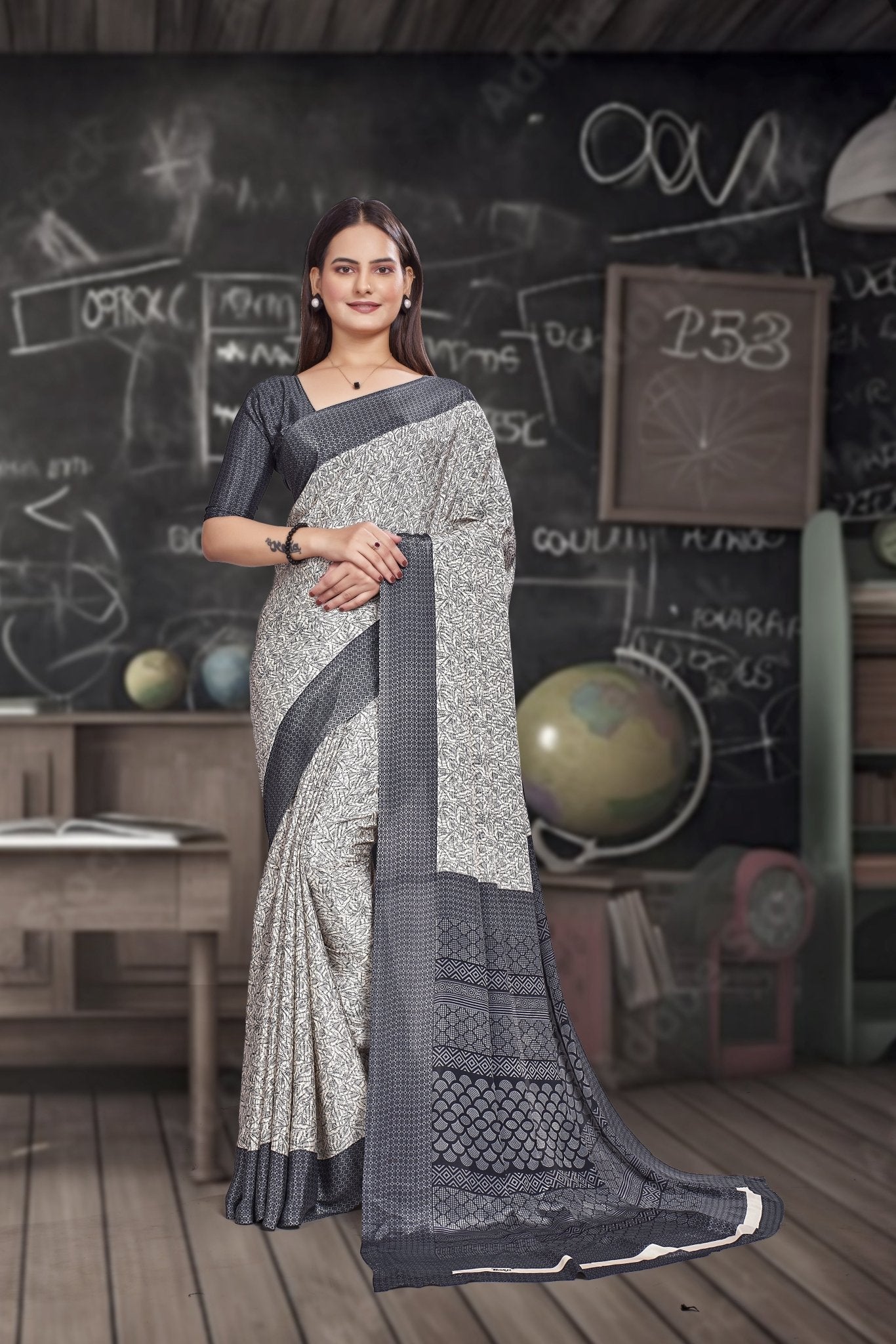 Grey Crepe School Uniform Saree for Teachers - FeministaCrepe