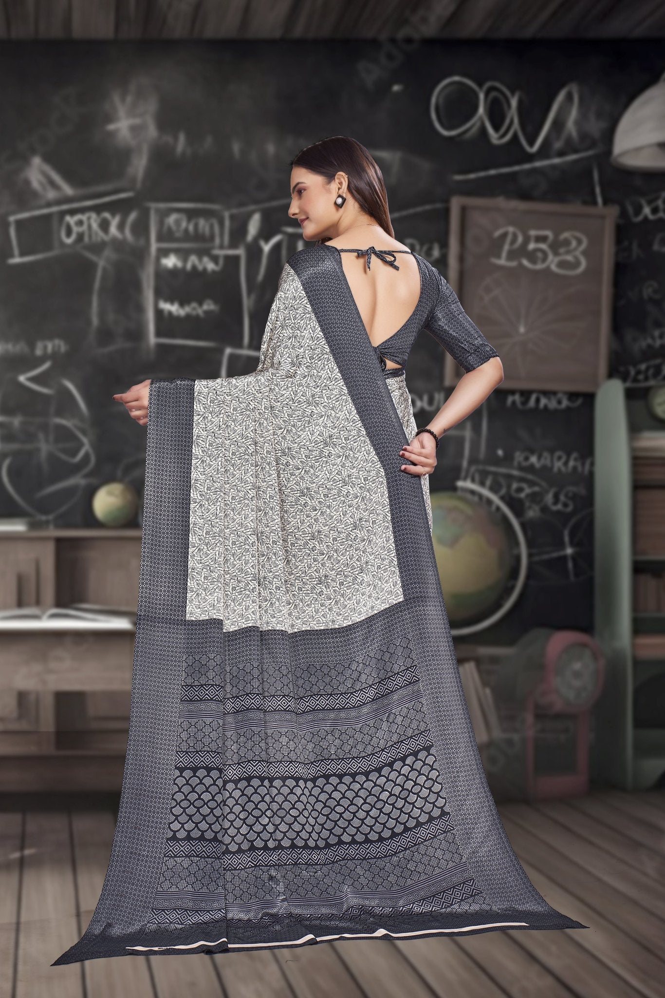Grey Crepe School Uniform Saree for Teachers - FeministaCrepe