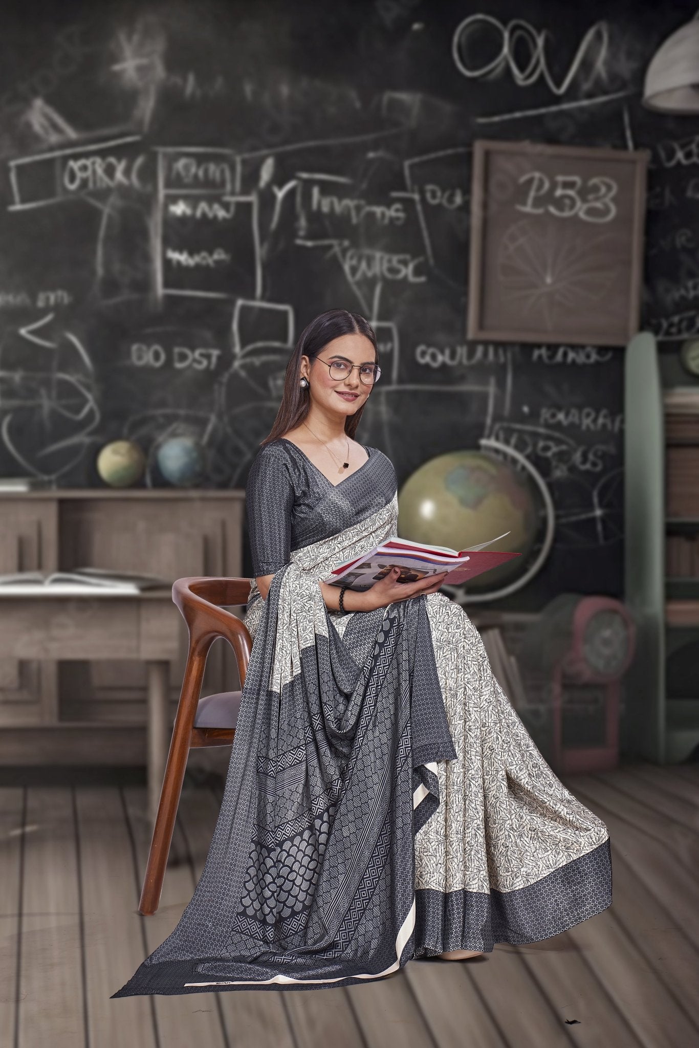 Grey Crepe School Uniform Saree for Teachers - FeministaCrepe