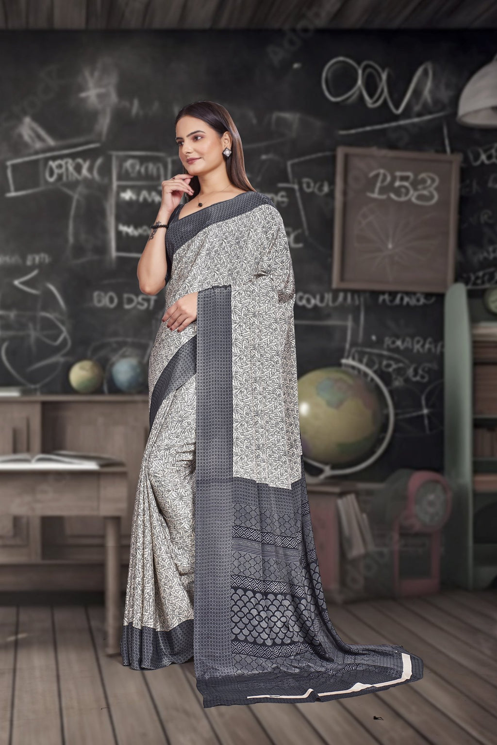 Grey Crepe School Uniform Saree for Teachers - FeministaCrepe