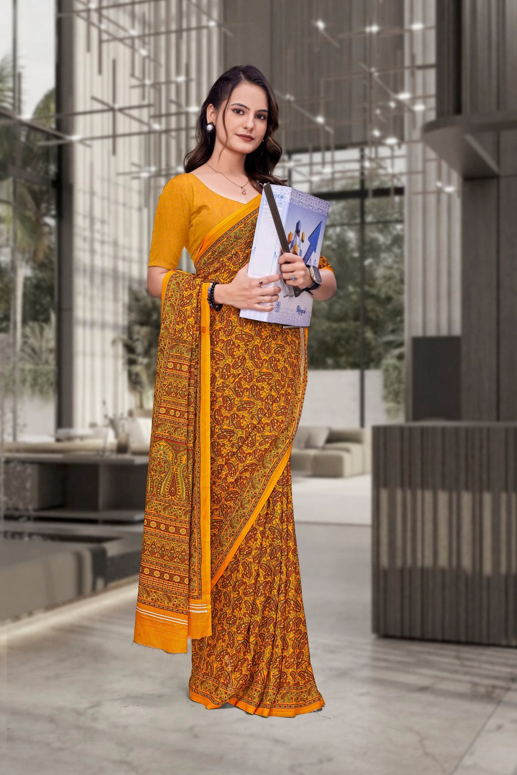 Mustard Georgette Workplace Formal Saree - FeministaGeorgette