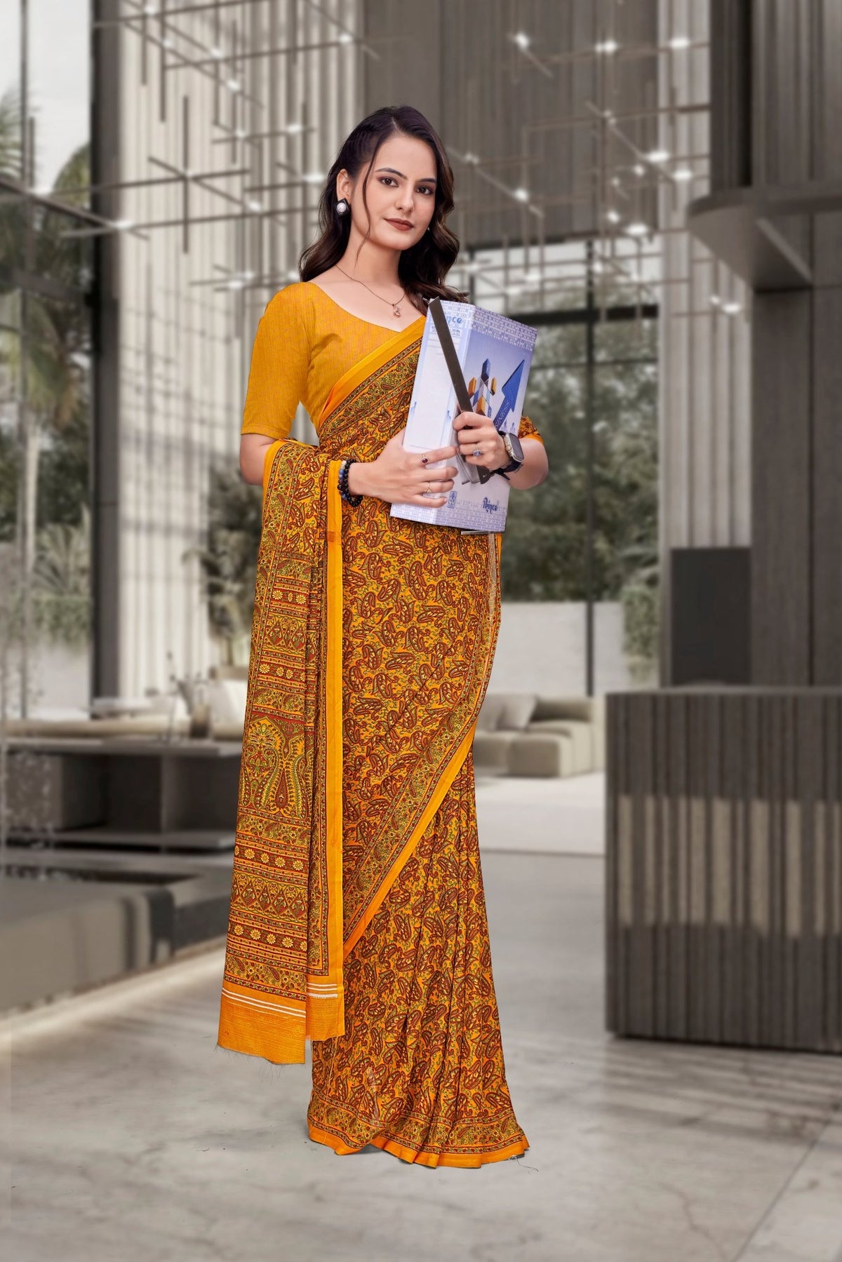 Mustard Georgette Workplace Formal Saree - FeministaGeorgette