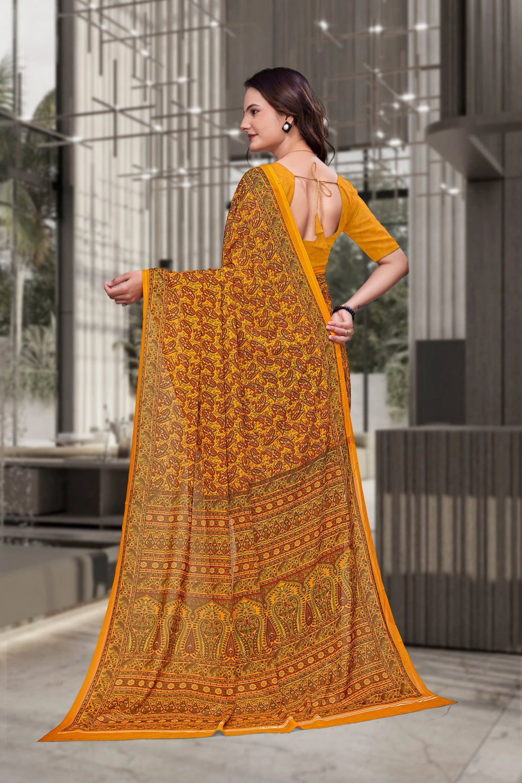 Mustard Georgette Workplace Formal Saree - FeministaGeorgette