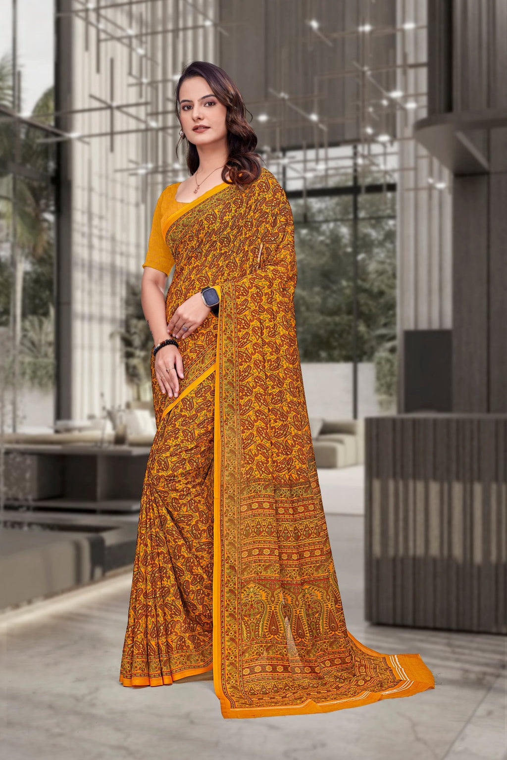 Mustard Georgette Workplace Formal Saree - FeministaGeorgette