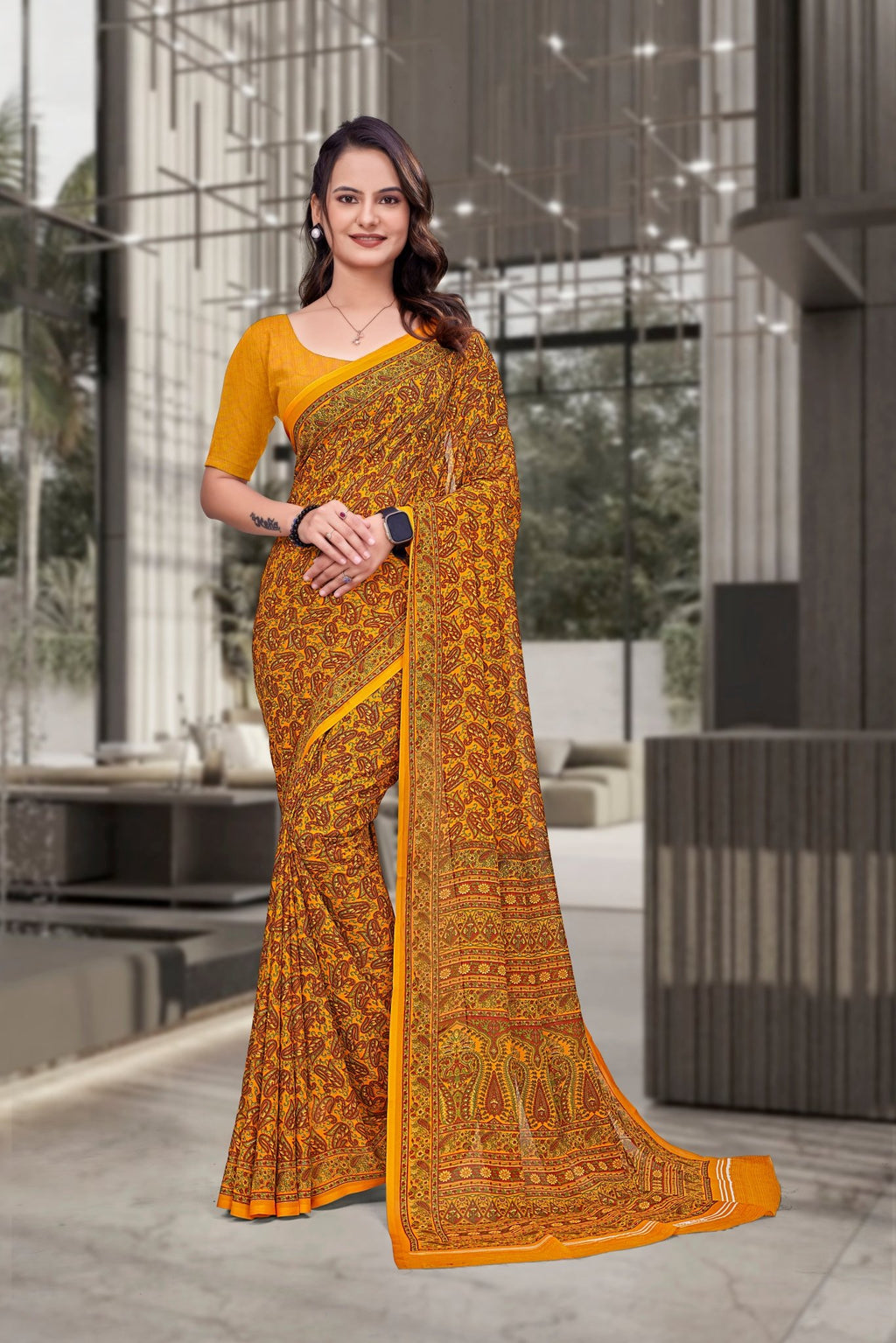 Mustard Georgette Workplace Formal Saree - FeministaGeorgette