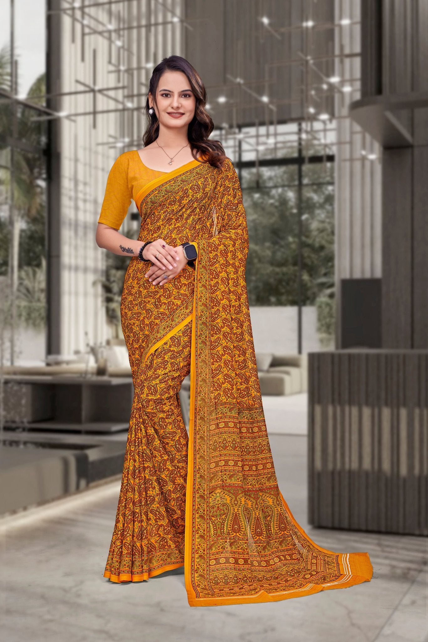 Mustard Georgette Workplace Formal Saree - FeministaGeorgette