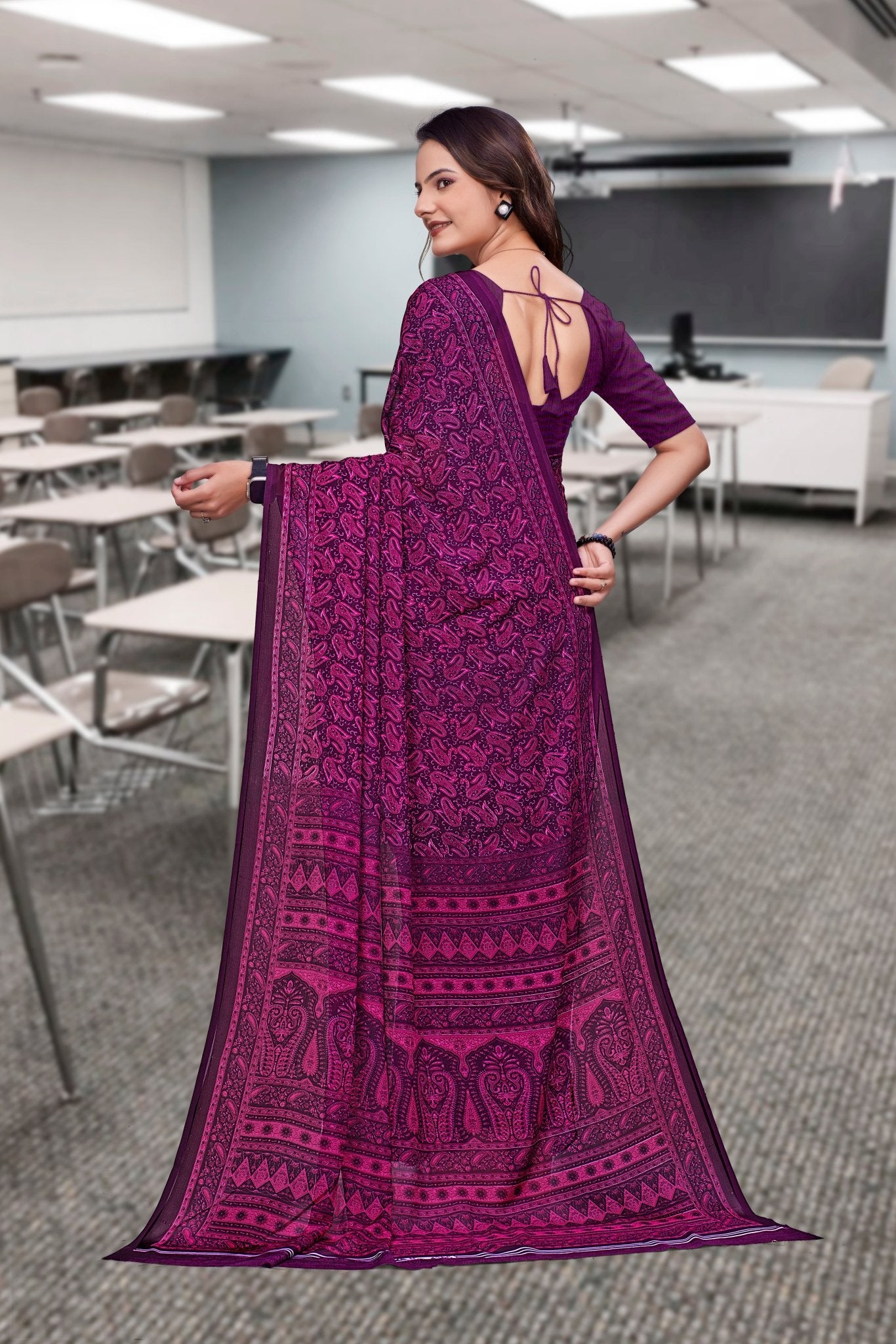 Purple Georgette Business Saree for Professionals - FeministaGeorgette