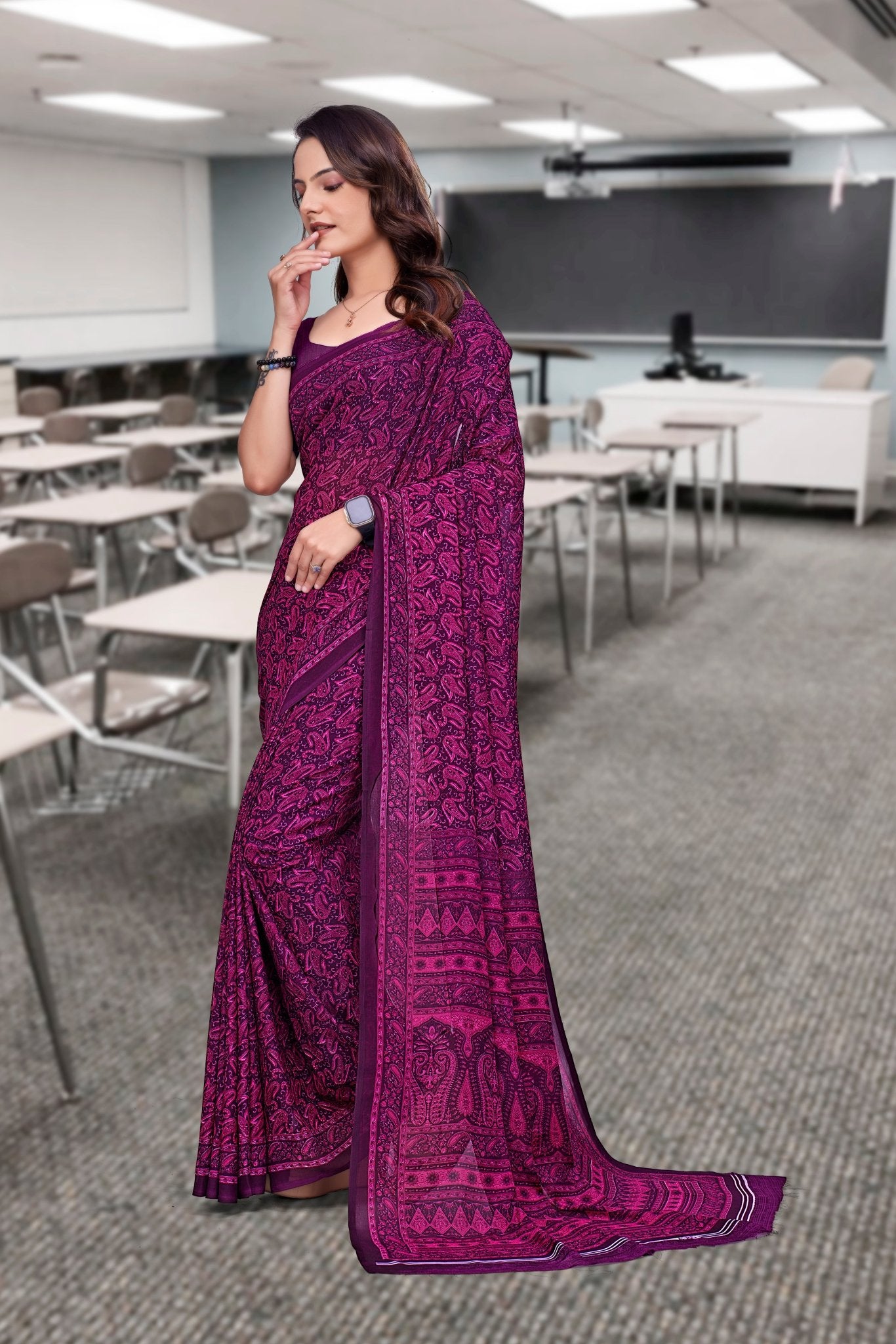 Purple Georgette Business Saree for Professionals - FeministaGeorgette