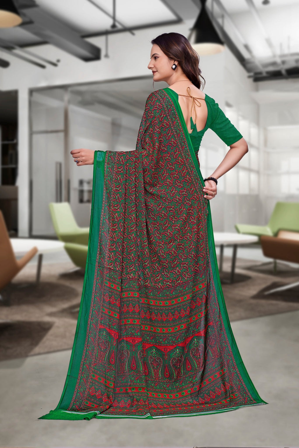 Green Georgette Professional Office Saree - FeministaGeorgette