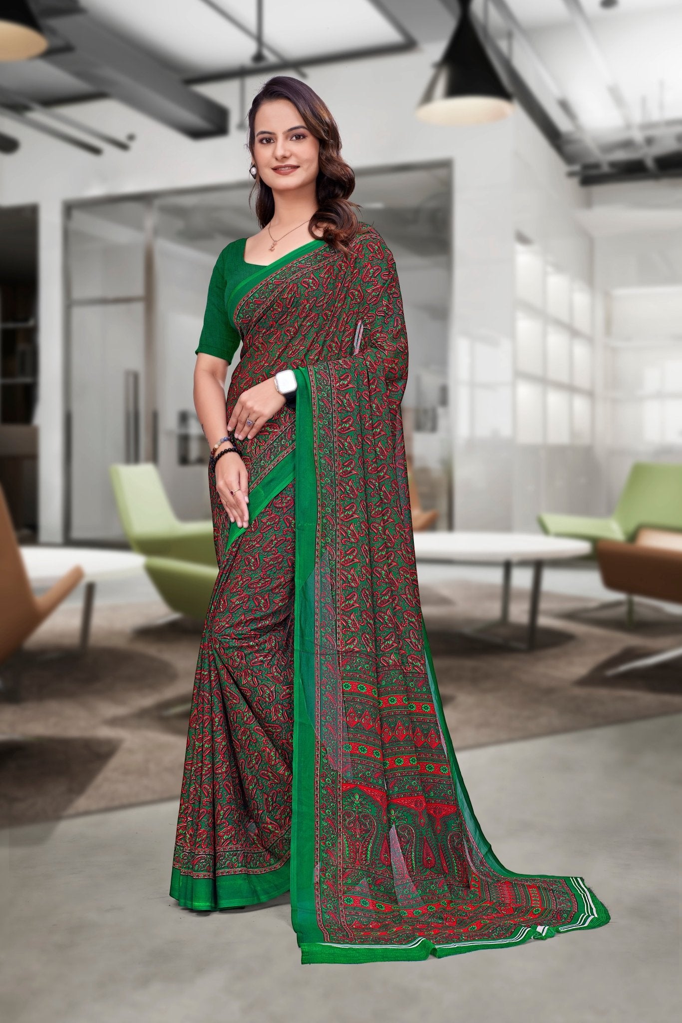 Green Georgette Professional Office Saree - FeministaGeorgette