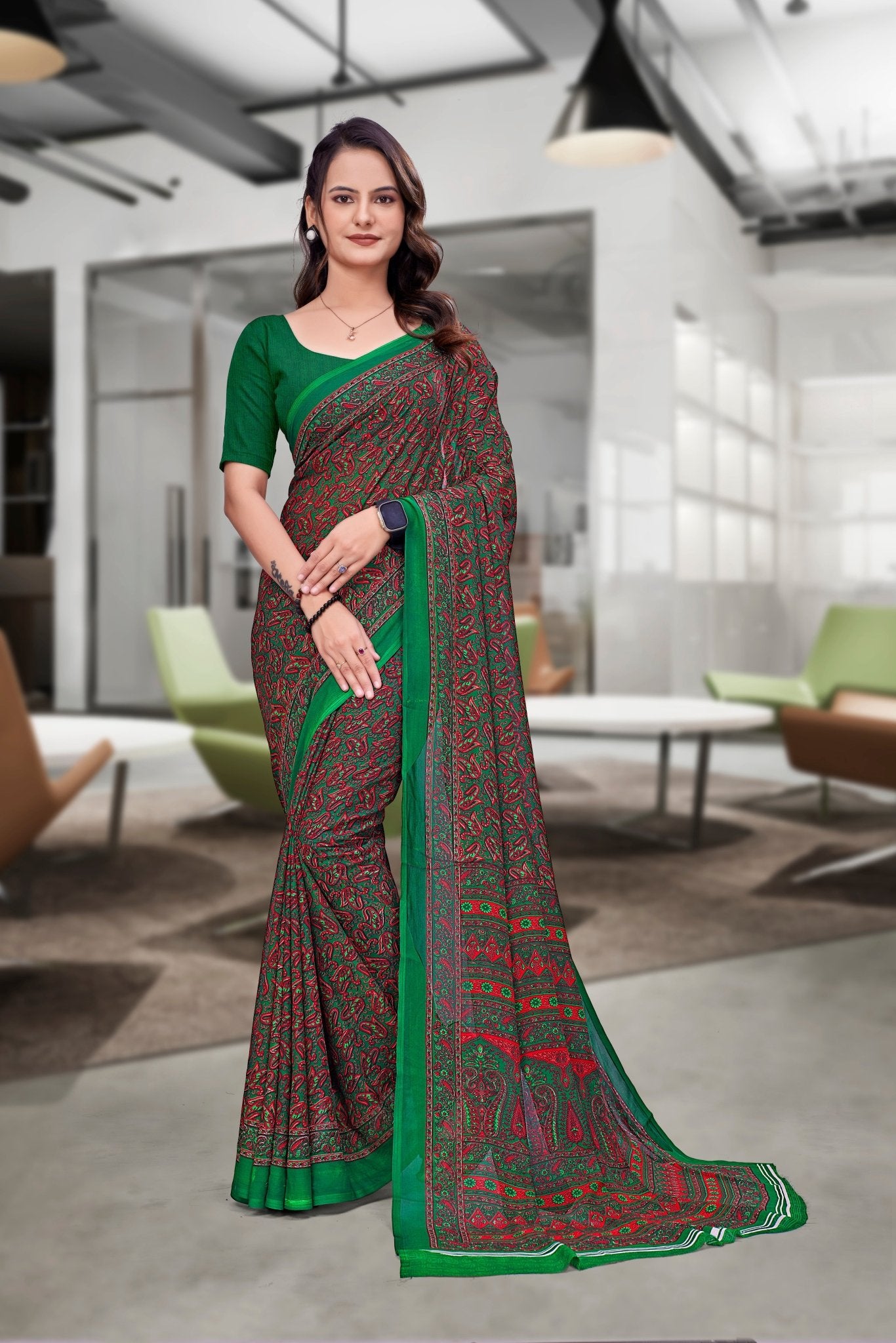 Green Georgette Professional Office Saree - FeministaGeorgette