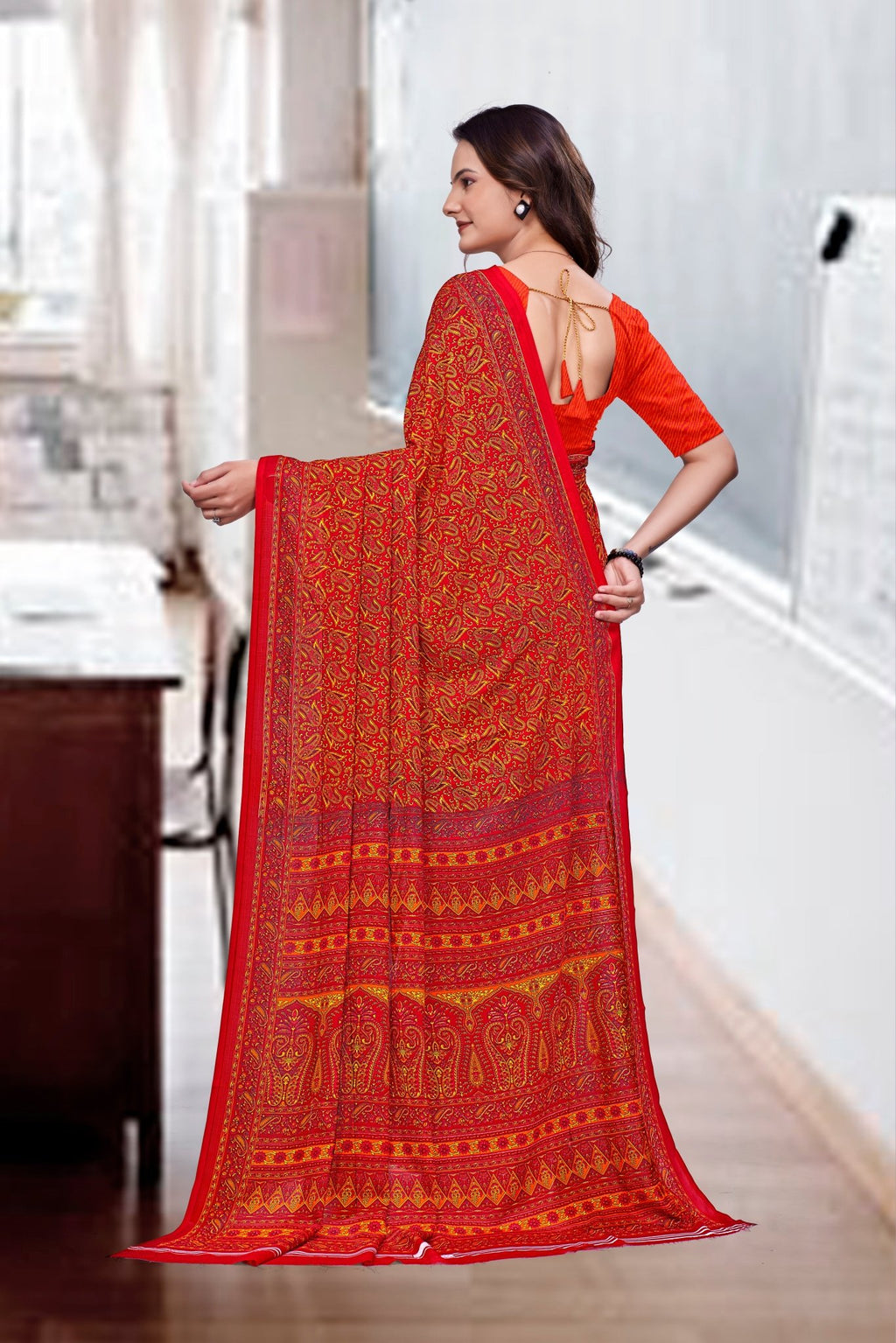 Red Georgette Office Professional Saree - FeministaGeorgette