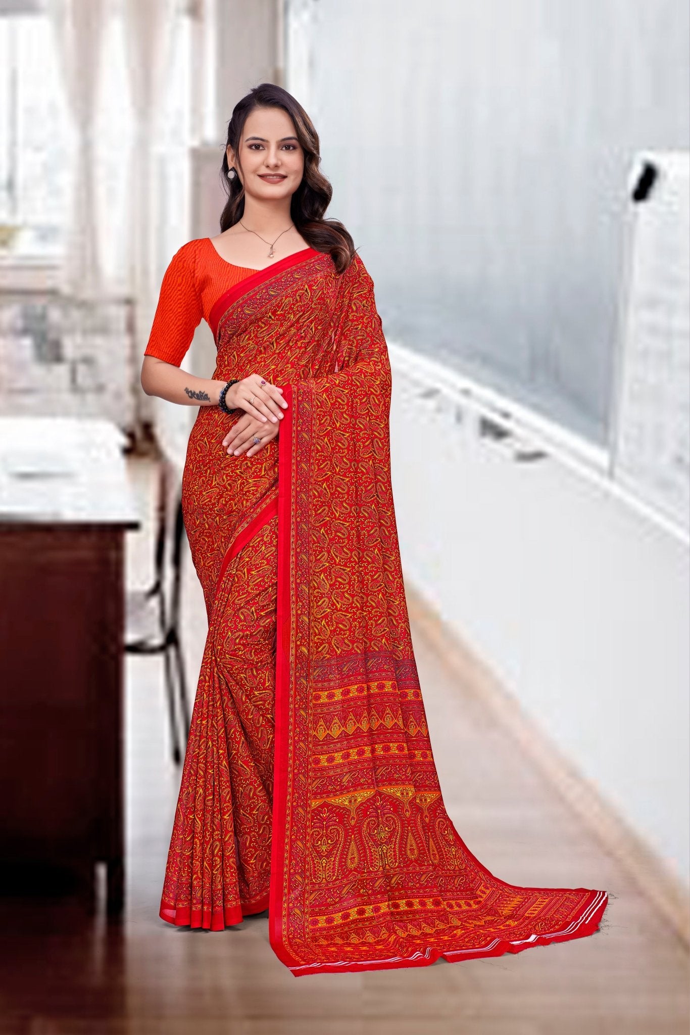 Red Georgette Office Professional Saree - FeministaGeorgette