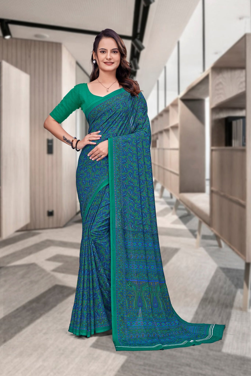 Blue Georgette Workplace Uniform Saree - FeministaGeorgette