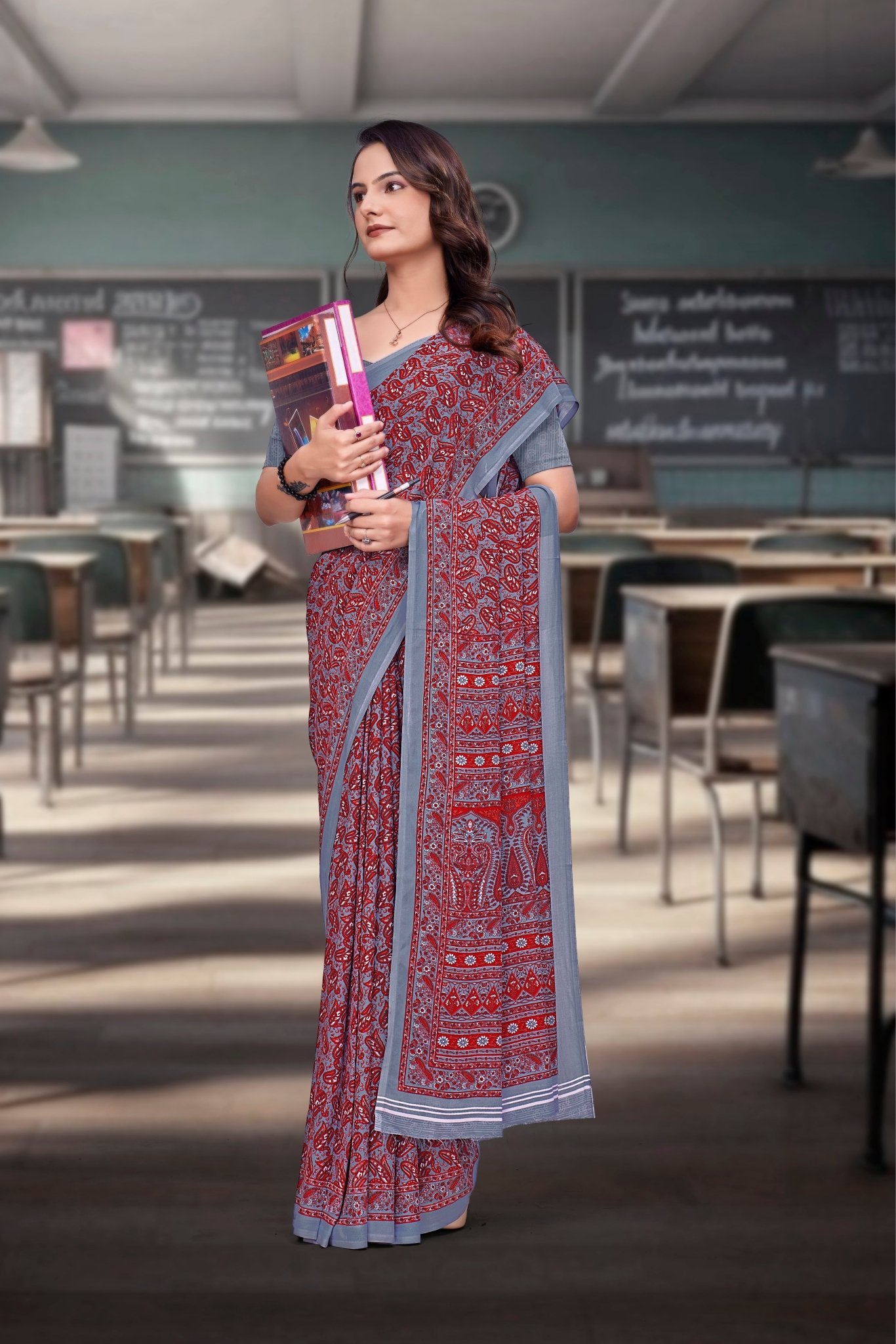 Grey Georgette Workplace Uniform Saree - FeministaGeorgette