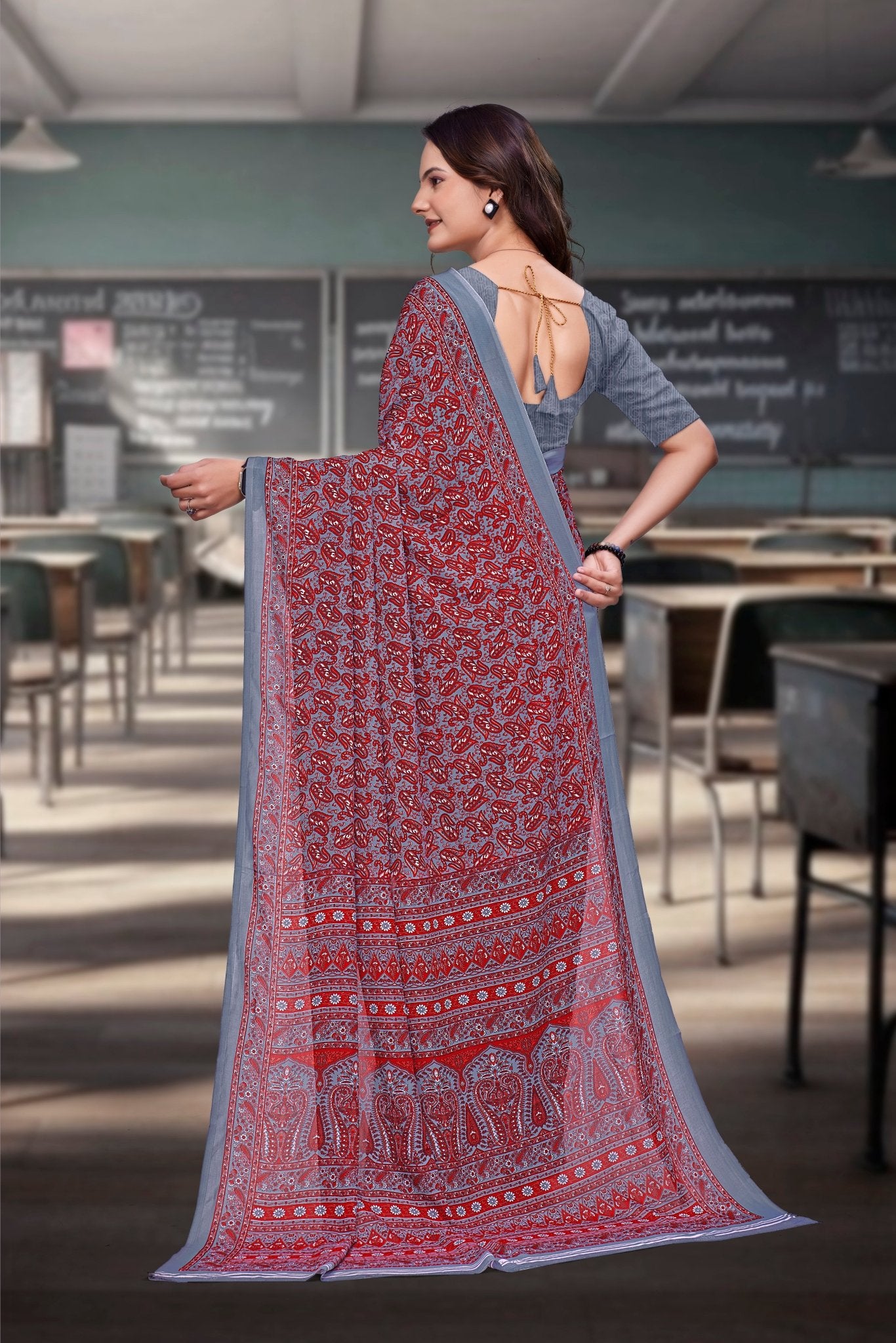 Grey Georgette Workplace Uniform Saree - FeministaGeorgette