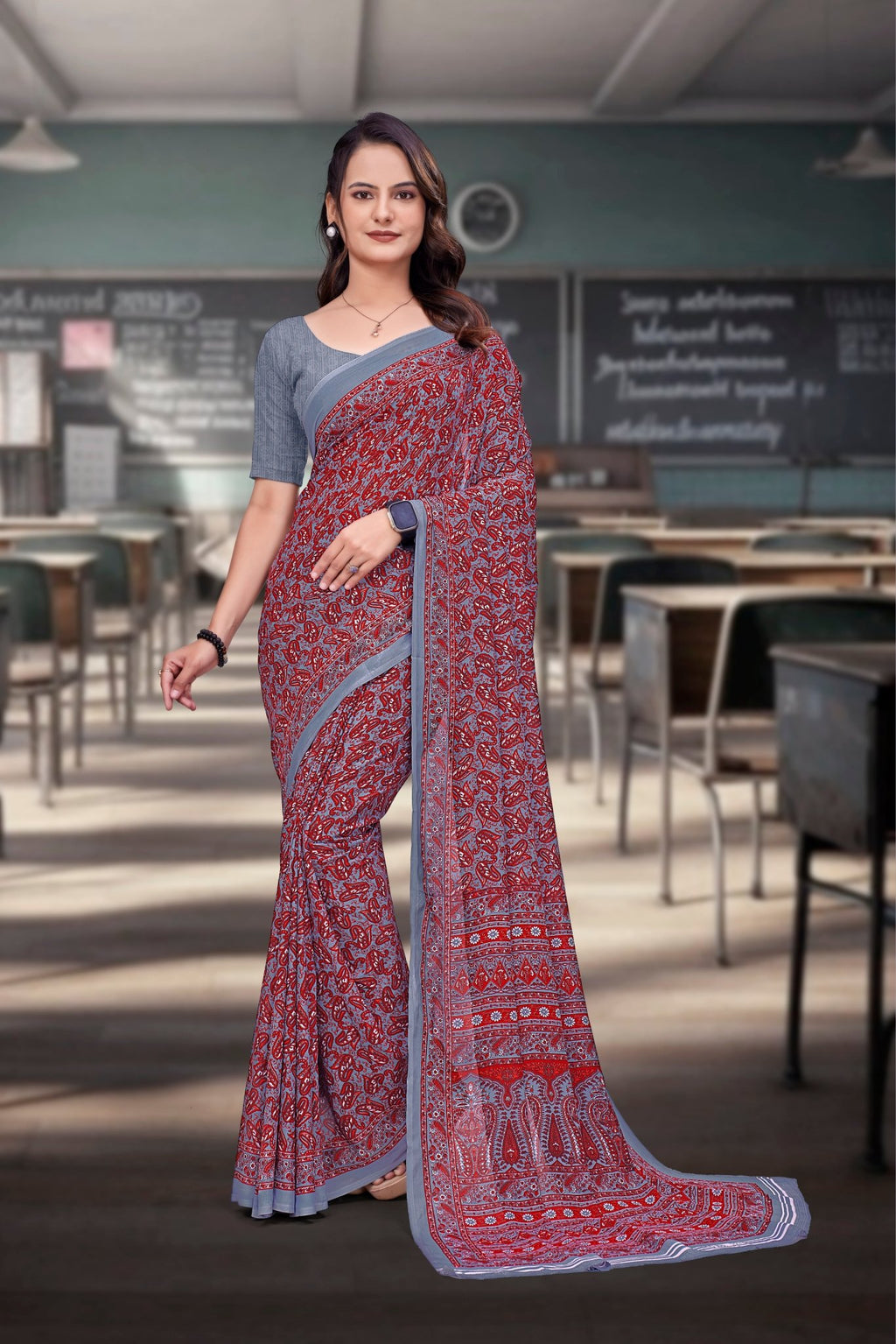 Grey Georgette Workplace Uniform Saree - FeministaGeorgette
