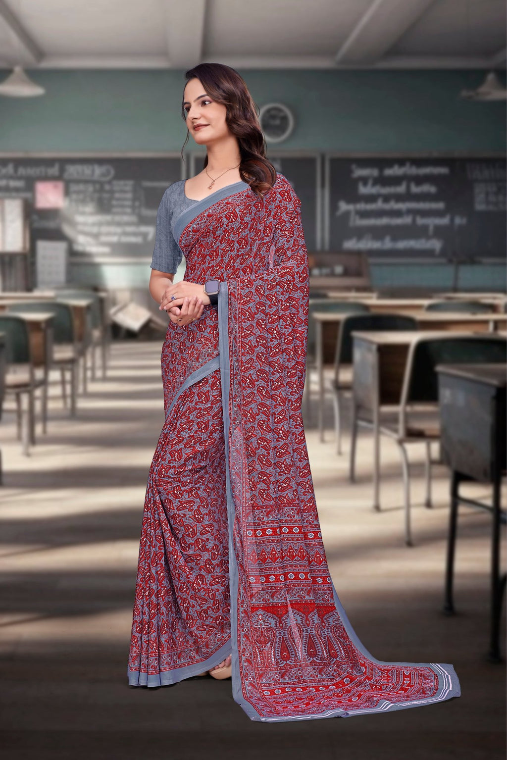 Grey Georgette Workplace Uniform Saree - FeministaGeorgette
