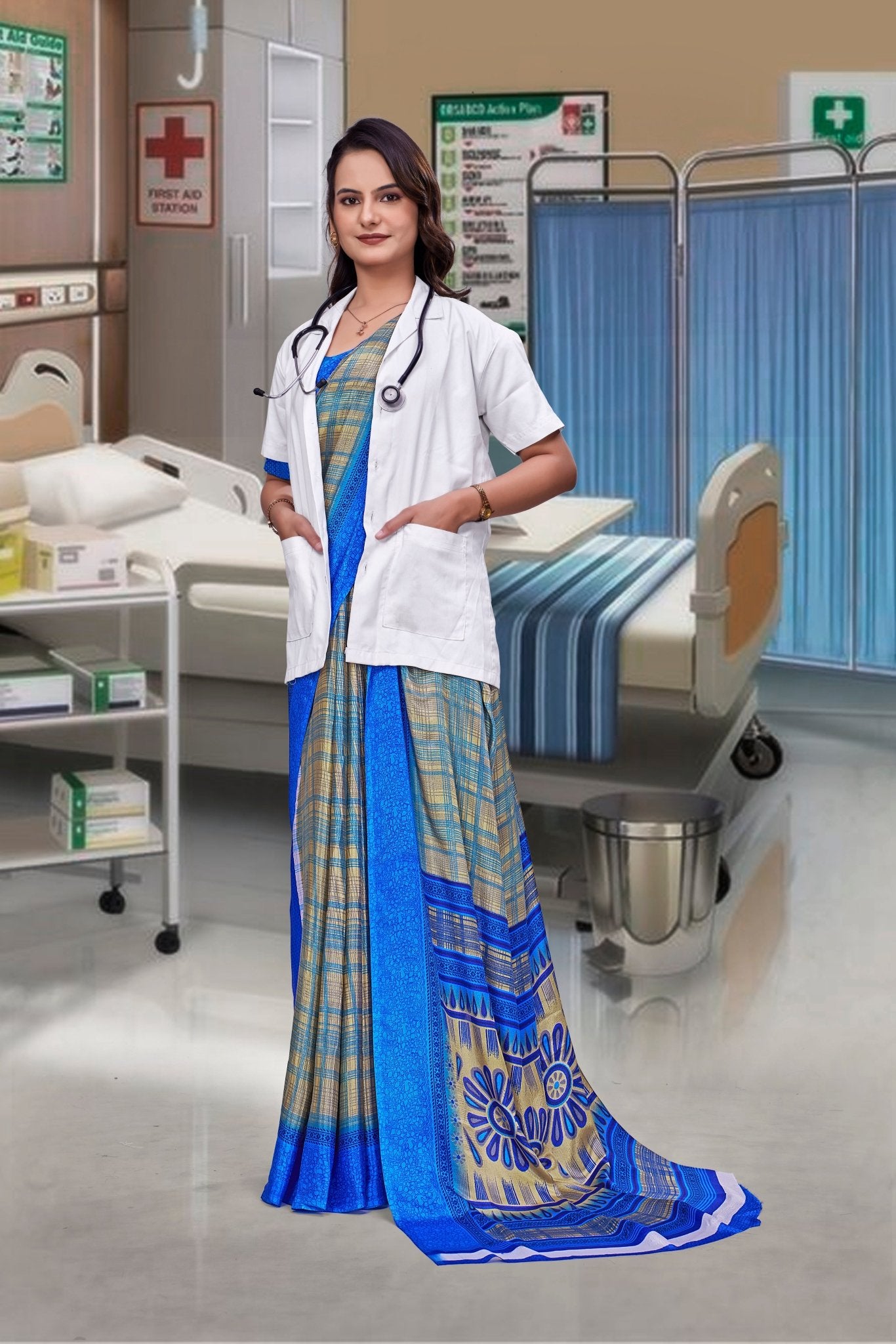 Blue Crepe Professional Teacher Saree - FeministaCrepe