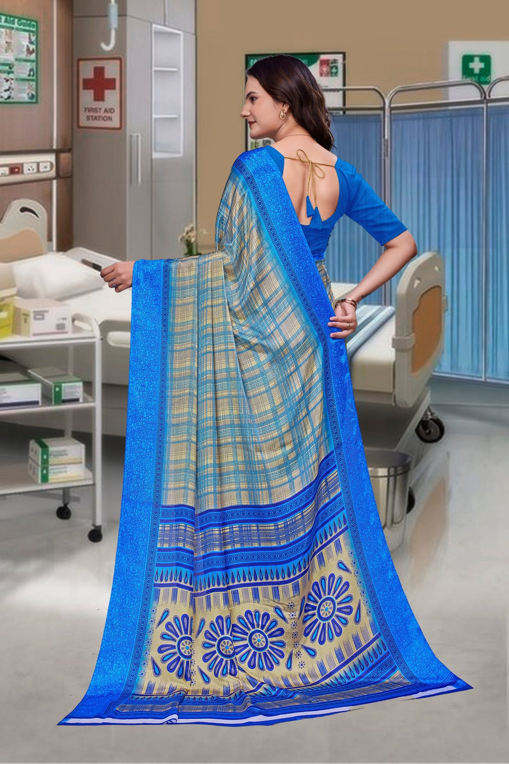 Blue Crepe Professional Teacher Saree - FeministaCrepe
