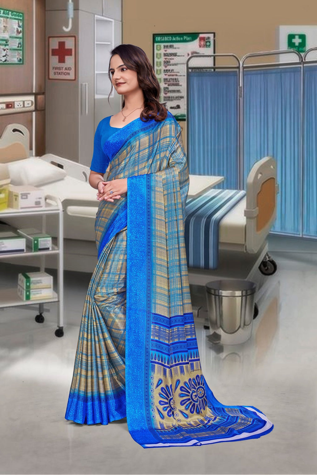 Blue Crepe Professional Teacher Saree - FeministaCrepe