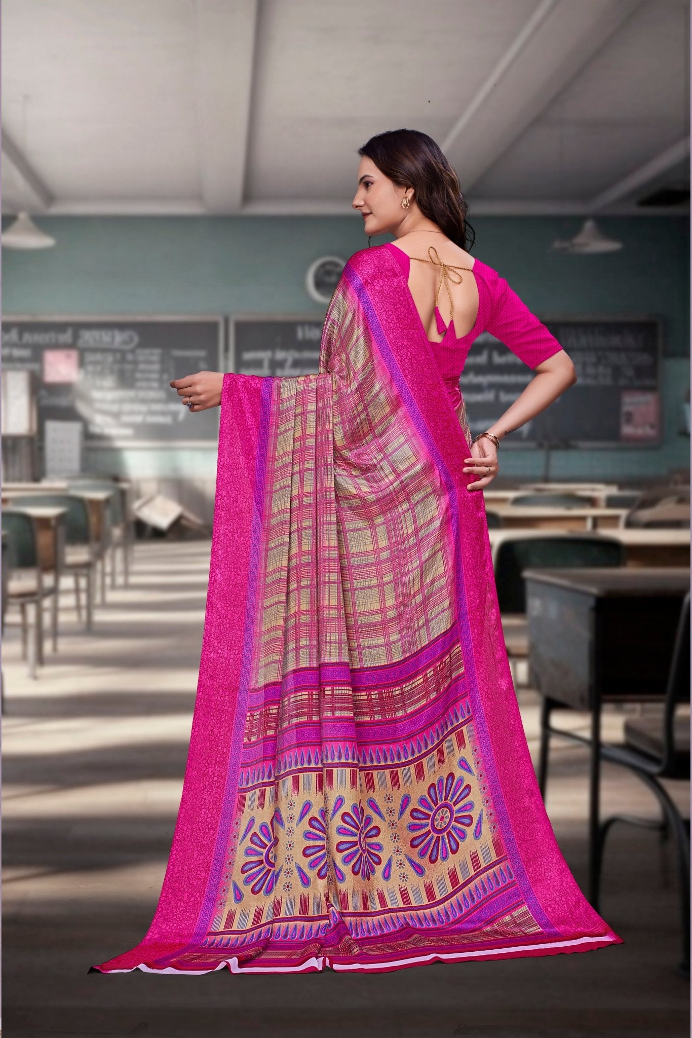 Pink Crepe Workplace Uniform Saree - FeministaCrepe