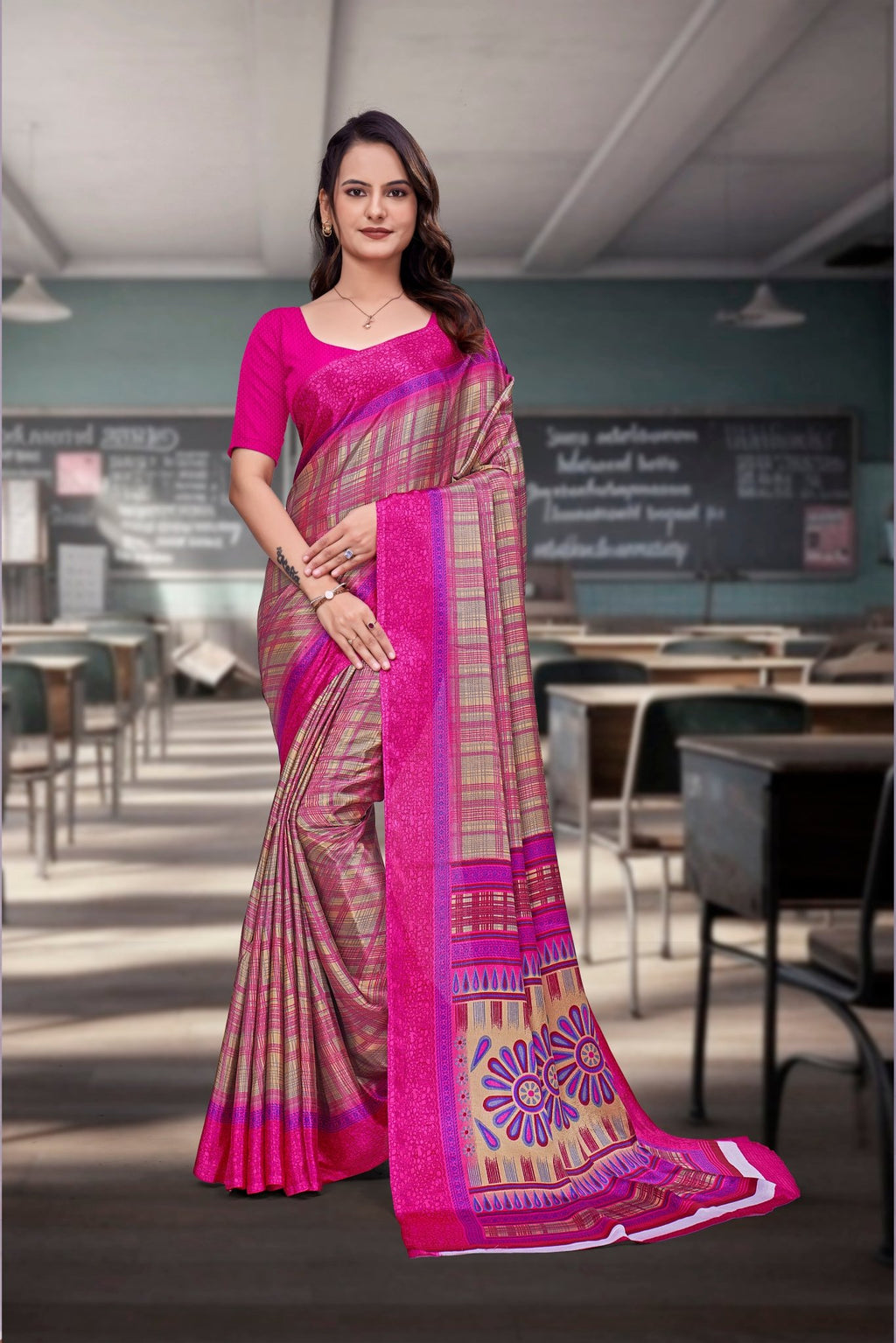Pink Crepe Workplace Uniform Saree - FeministaCrepe