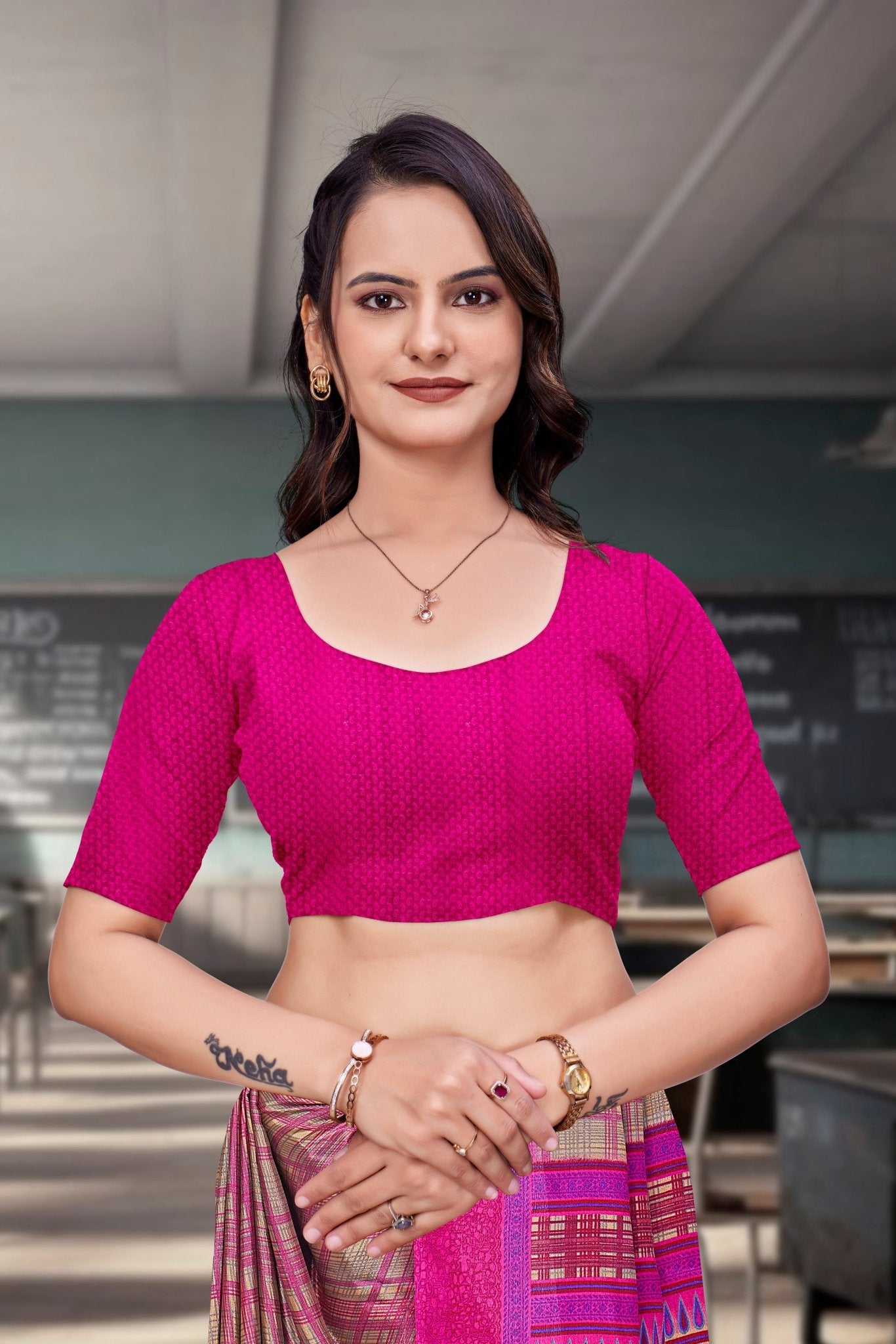 Pink Crepe Workplace Uniform Saree - FeministaCrepe