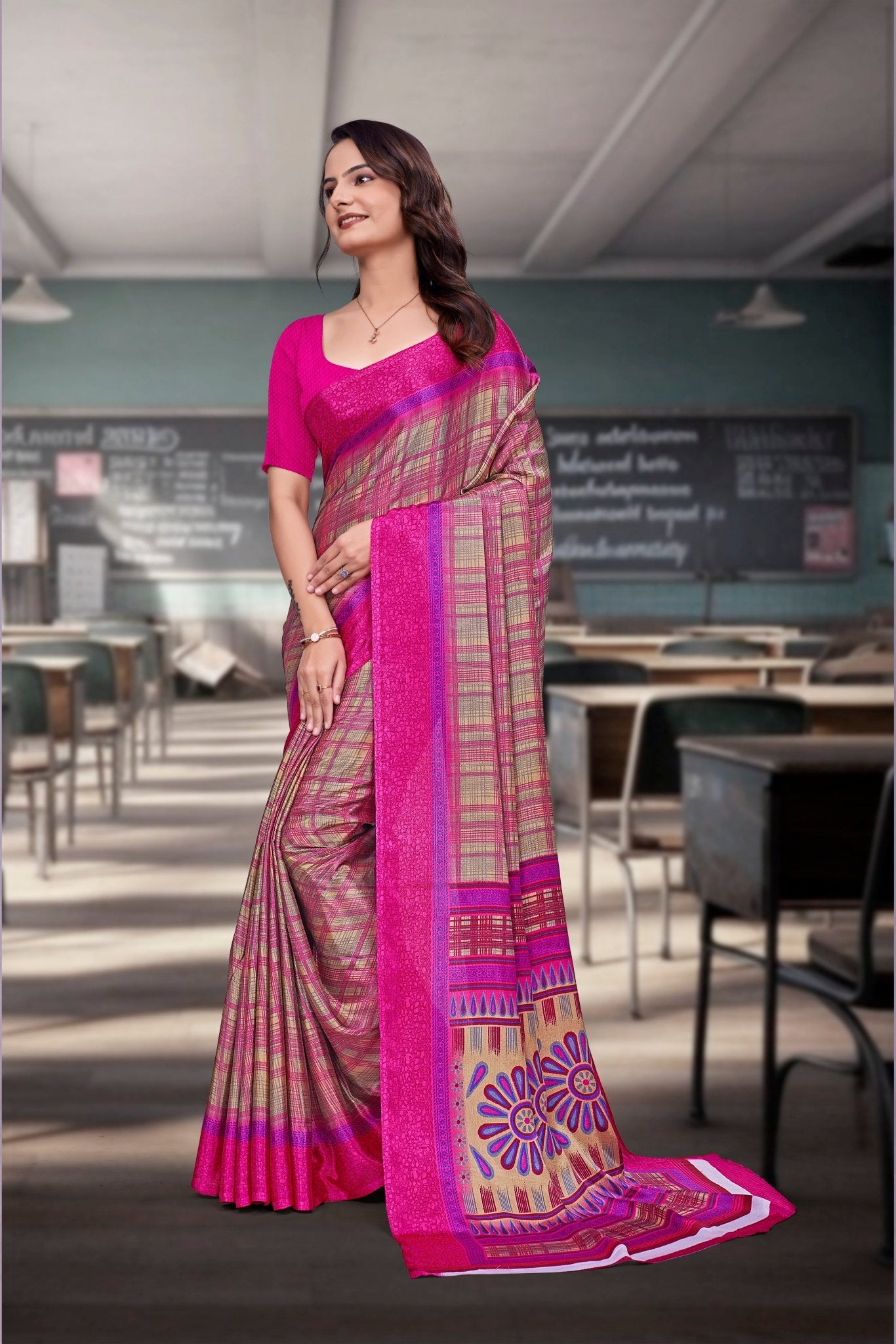 Pink Crepe Workplace Uniform Saree - FeministaCrepe