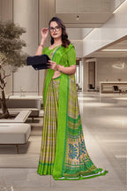 Green Crepe Workplace Uniform Saree - FeministaCrepe