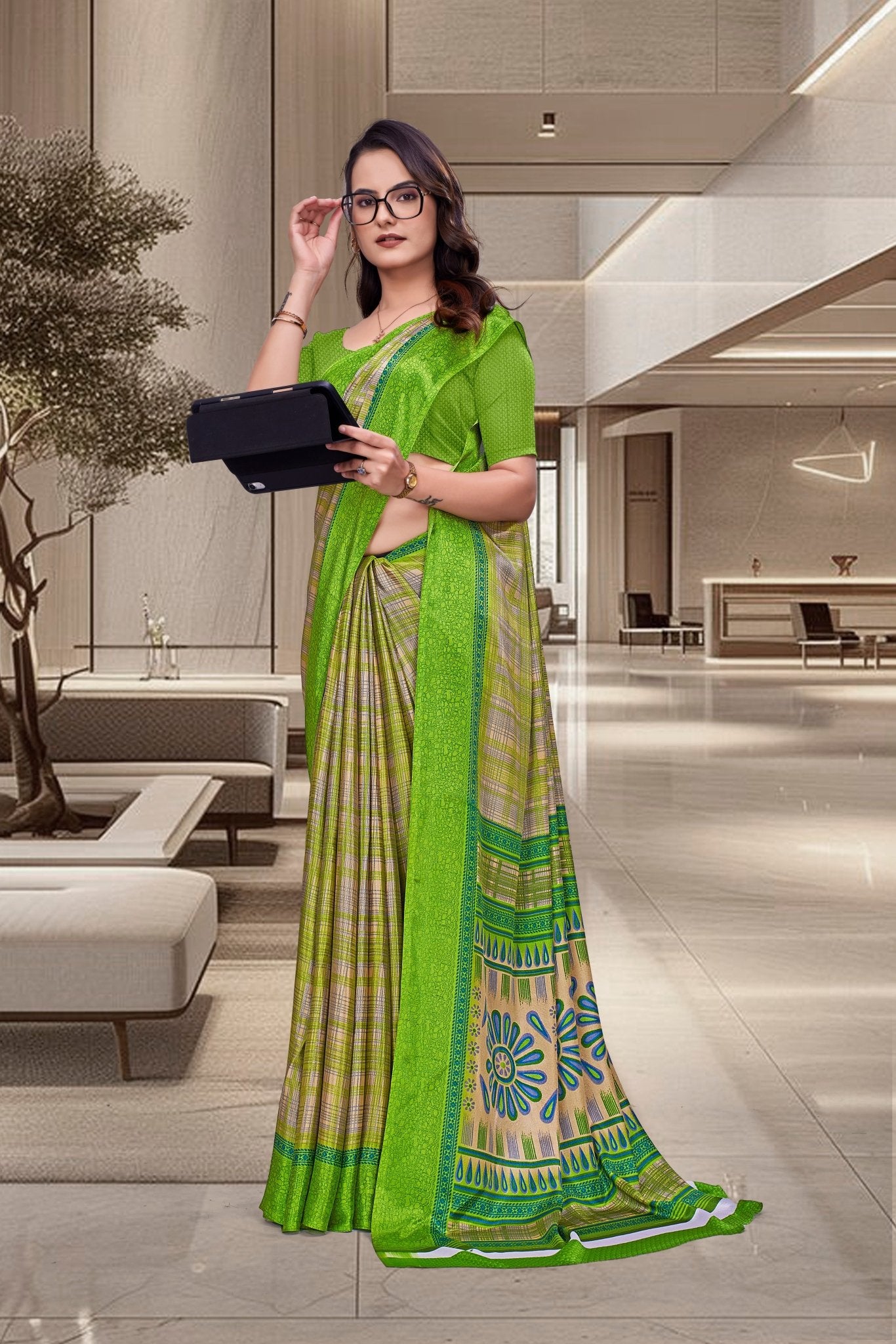 Green Crepe Workplace Uniform Saree - FeministaCrepe