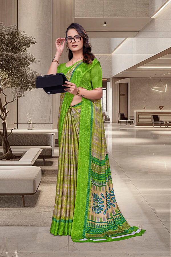 Green Crepe Workplace Uniform Saree - FeministaCrepe
