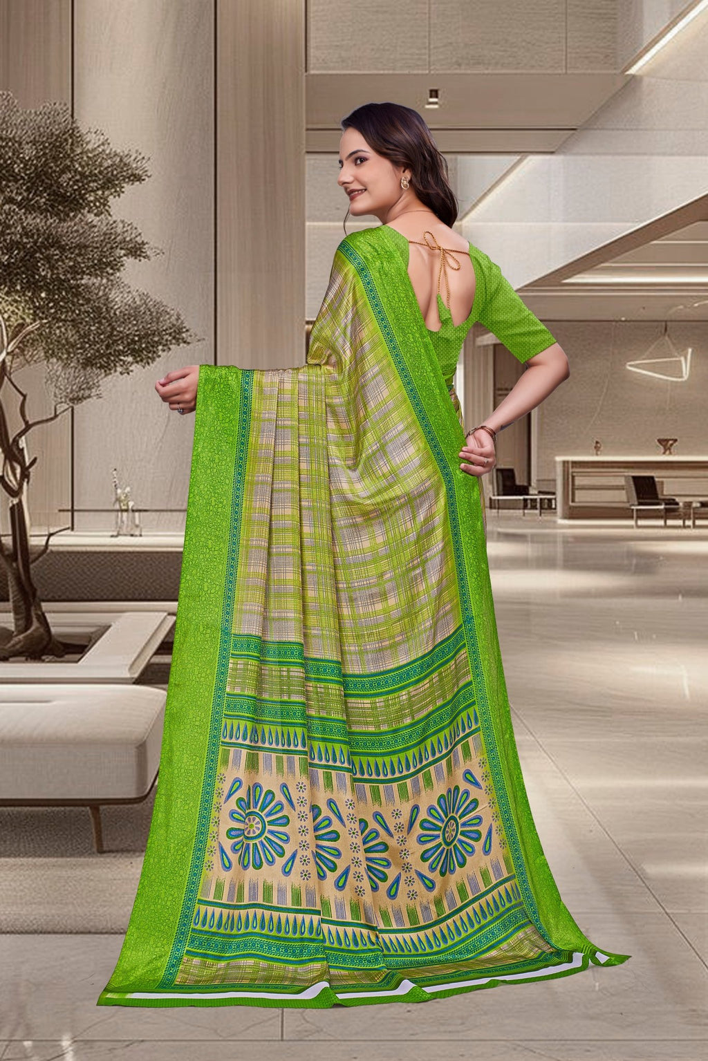 Green Crepe Workplace Uniform Saree - FeministaCrepe