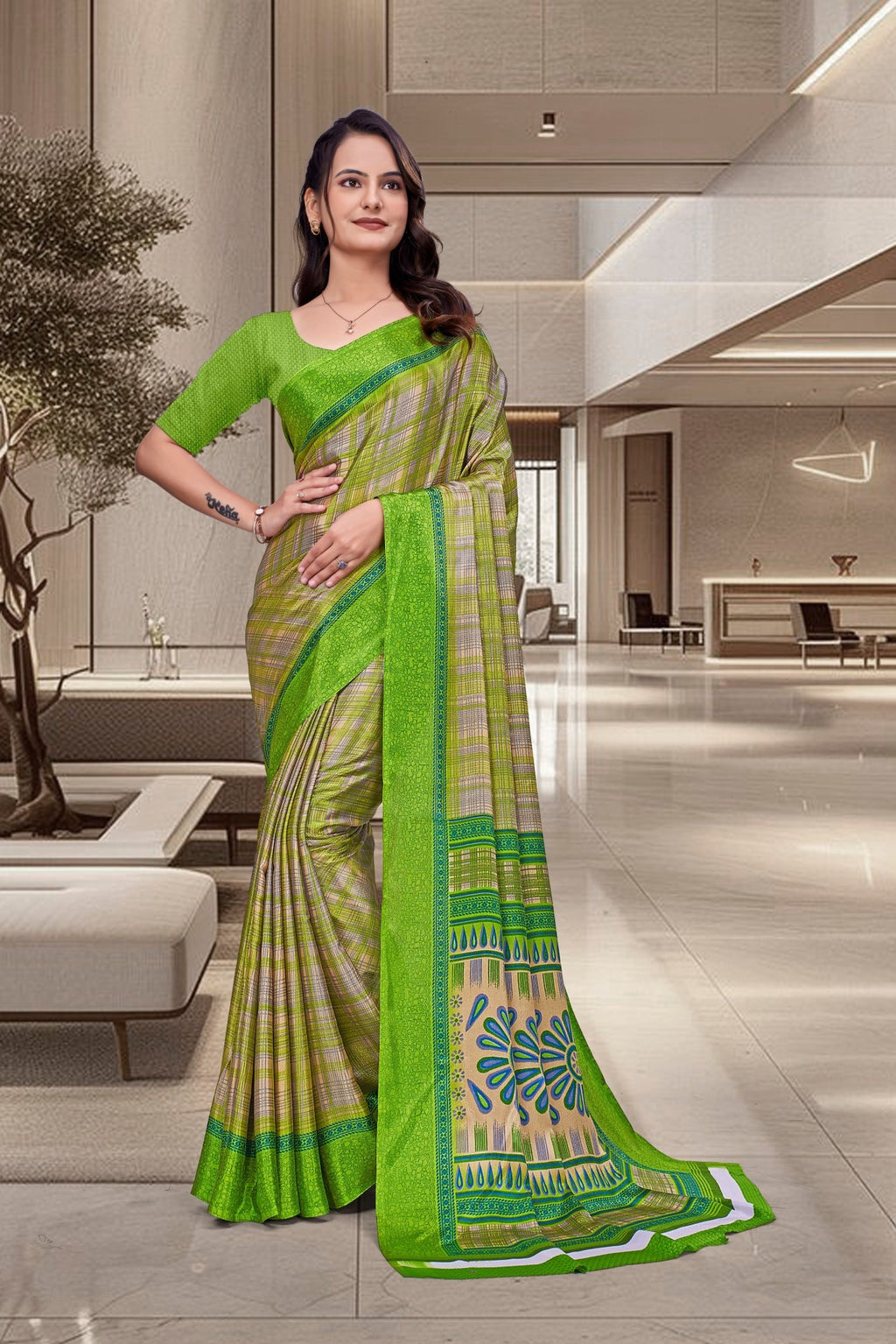 Green Crepe Workplace Uniform Saree - FeministaCrepe