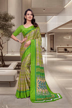 Green Crepe Workplace Uniform Saree - FeministaCrepe