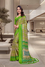 Green Crepe Workplace Uniform Saree - FeministaCrepe