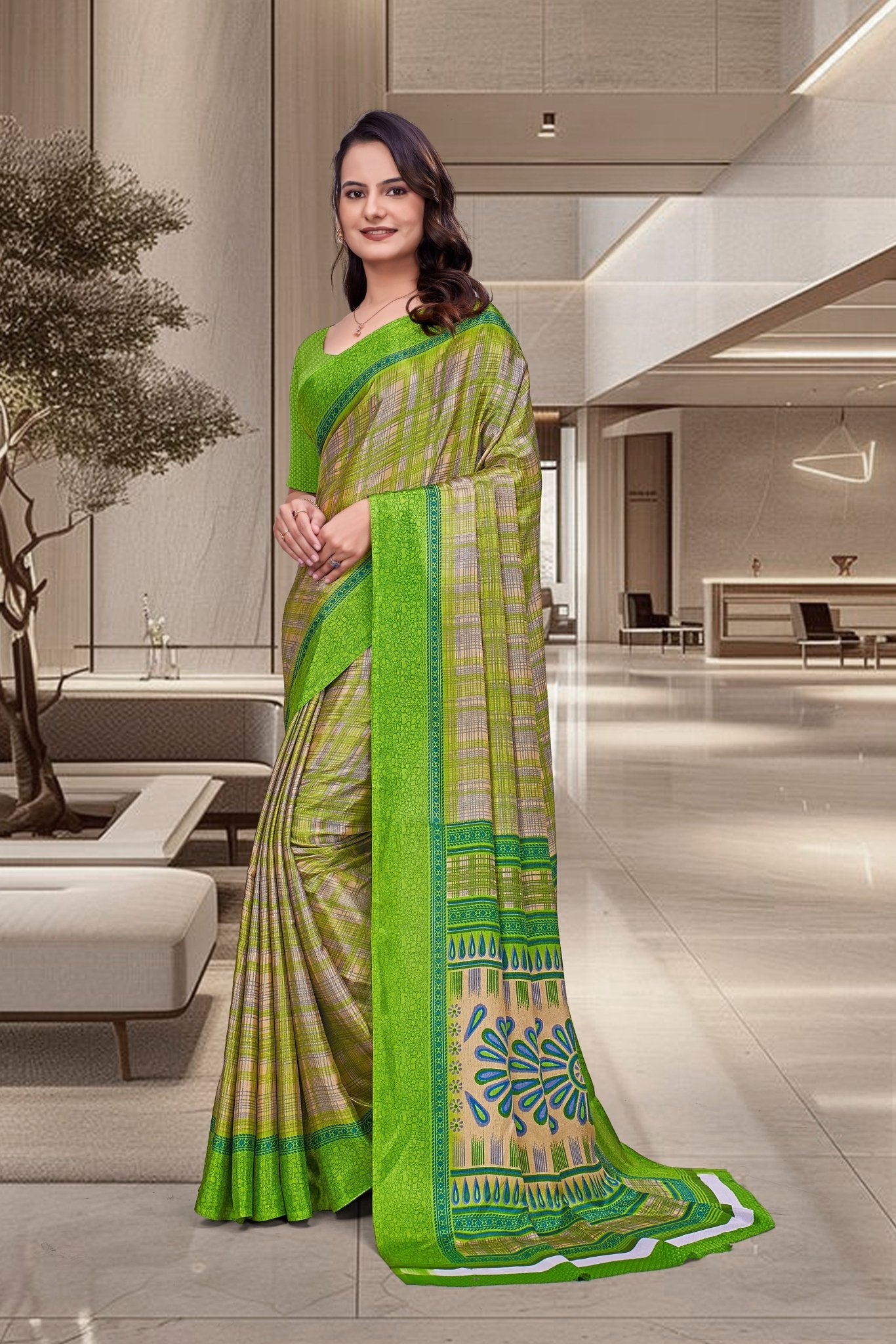 Green Crepe Workplace Uniform Saree - FeministaCrepe
