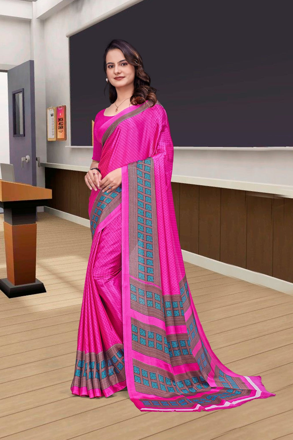 Pink Crepe Professional Teacher Saree - FeministaCrepe