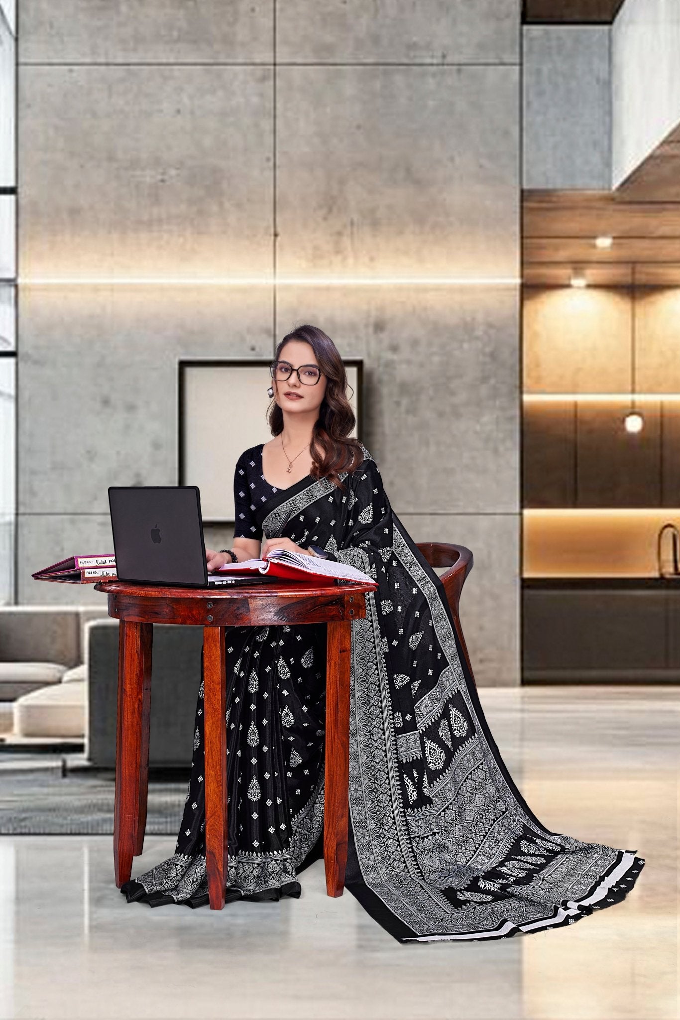 Black Crepe Professional Teacher Saree - FeministaCrepe
