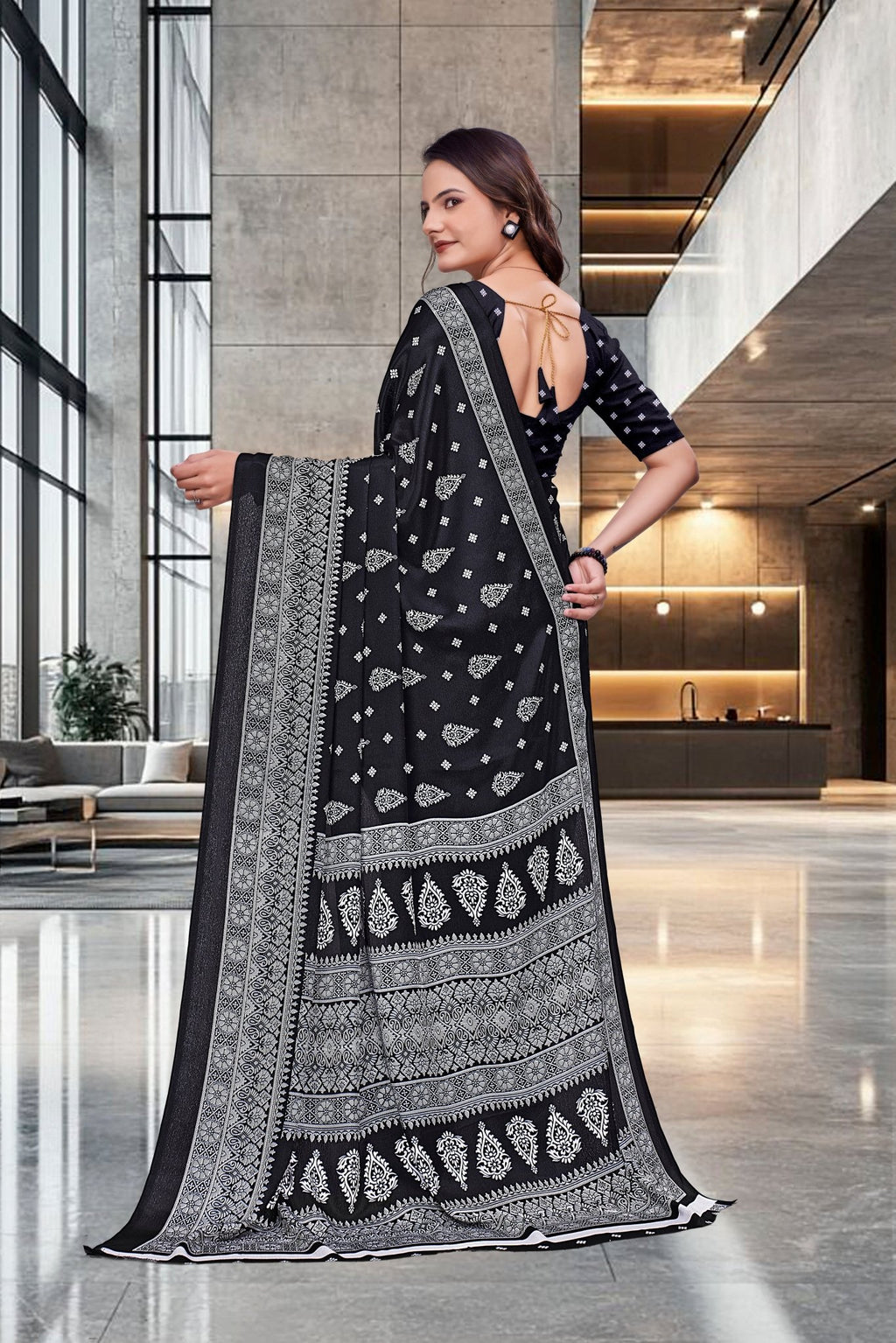 Black Crepe Professional Teacher Saree - FeministaCrepe