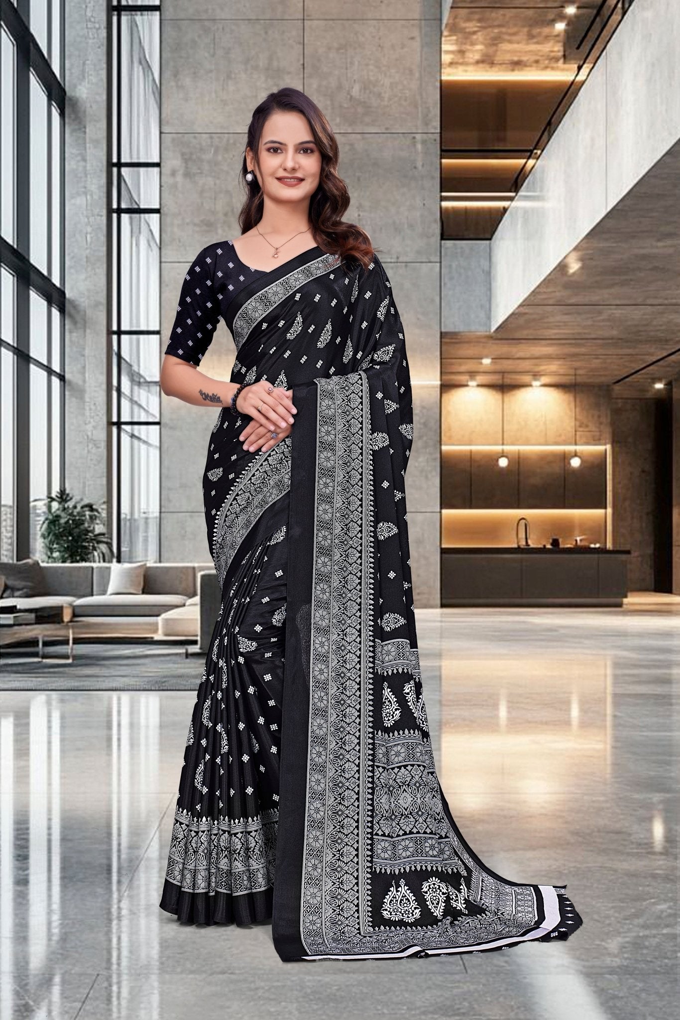 Black Crepe Professional Teacher Saree - FeministaCrepe