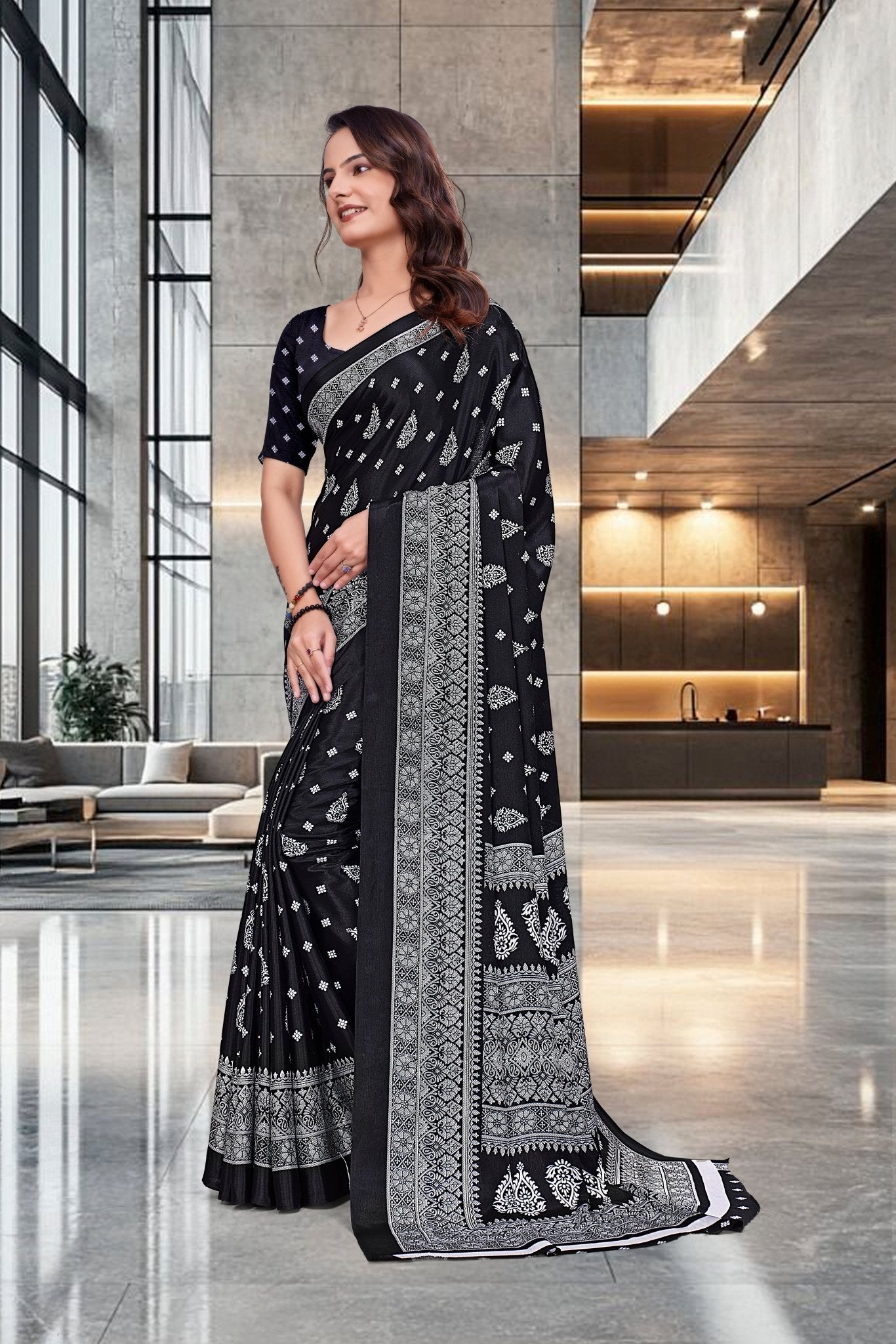 Black Crepe Professional Teacher Saree - FeministaCrepe