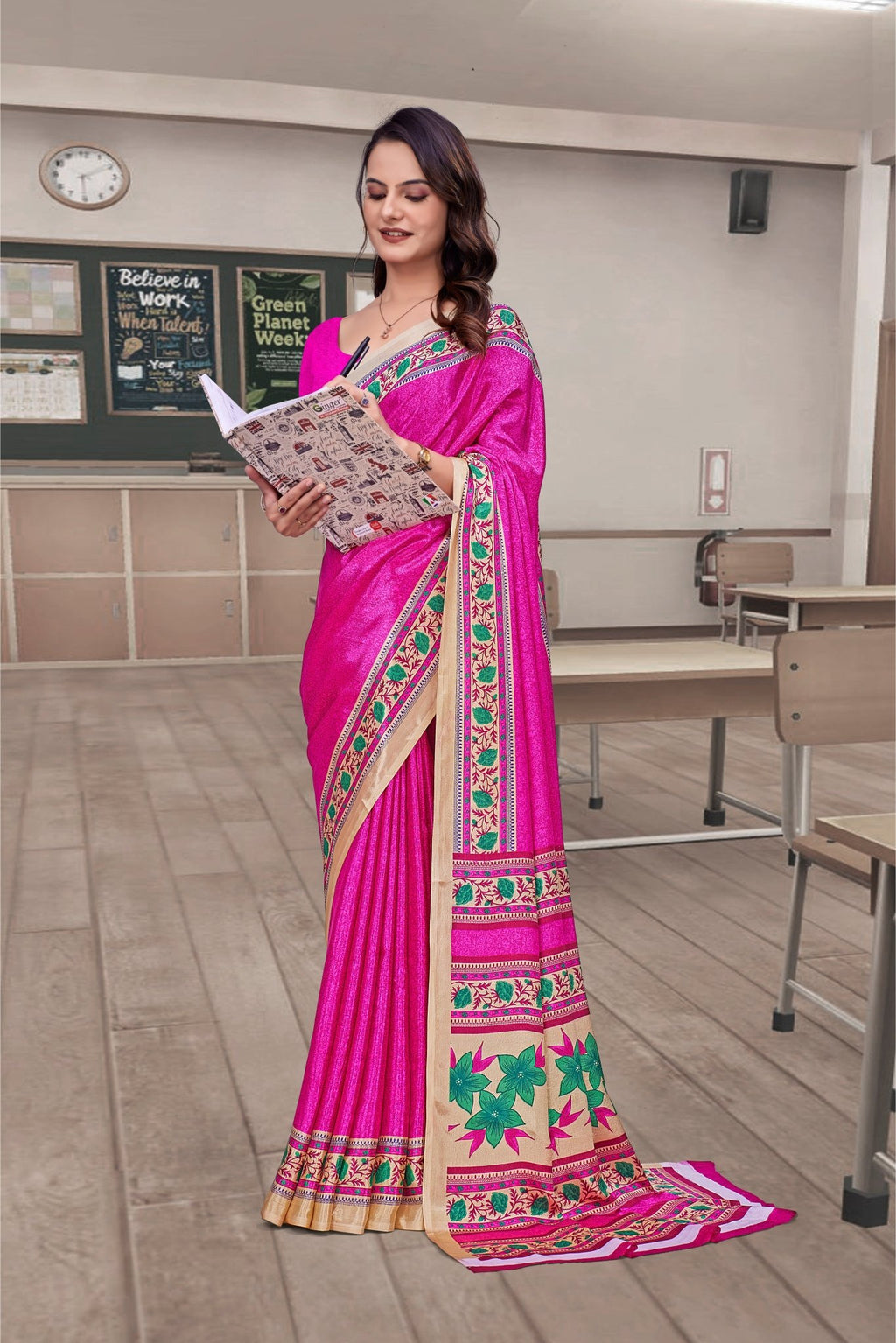 Pink Crepe Professional Teacher Saree - FeministaCrepe